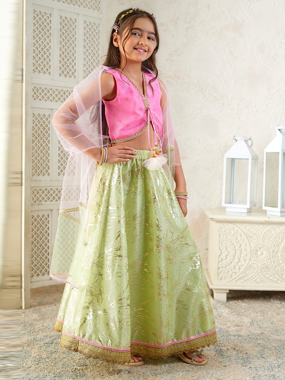 Pspeaches Girls Pink & Pista Green Ethnic Foil Print Kota Doria Circular Lehenga & Choli With Dupatta ( Sku-L-Greenshimmer )