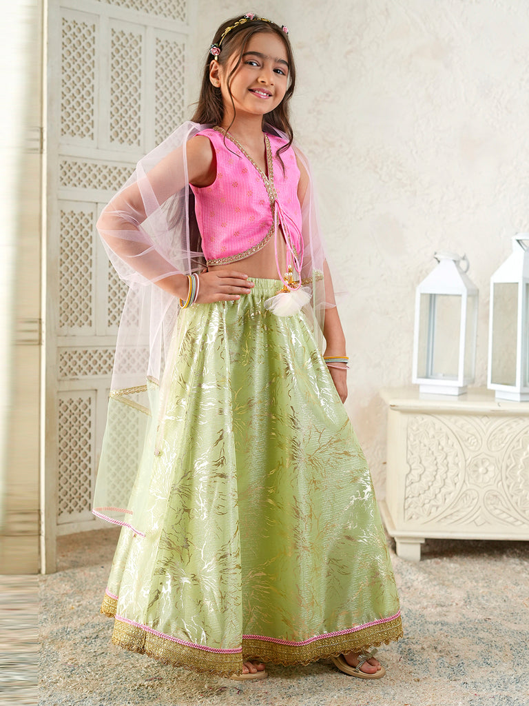 Pspeaches Girls Pink & Pista Green Ethnic Foil Print Kota Doria Circular Lehenga & Choli With Dupatta ( Sku-L-Greenshimmer )