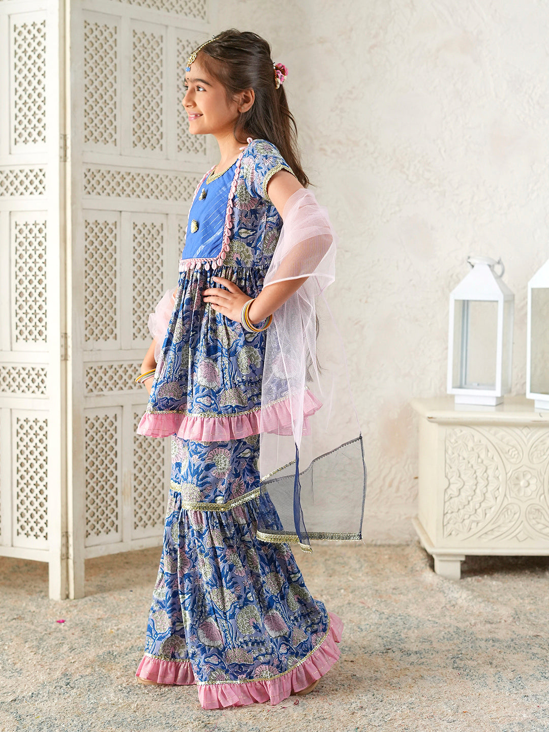 Pspeaches Girls Blue Ethnic Floral Print Cotton A-Line Kurta & Sharara With Dupatta ( Sku-Sha-Bluelurex )