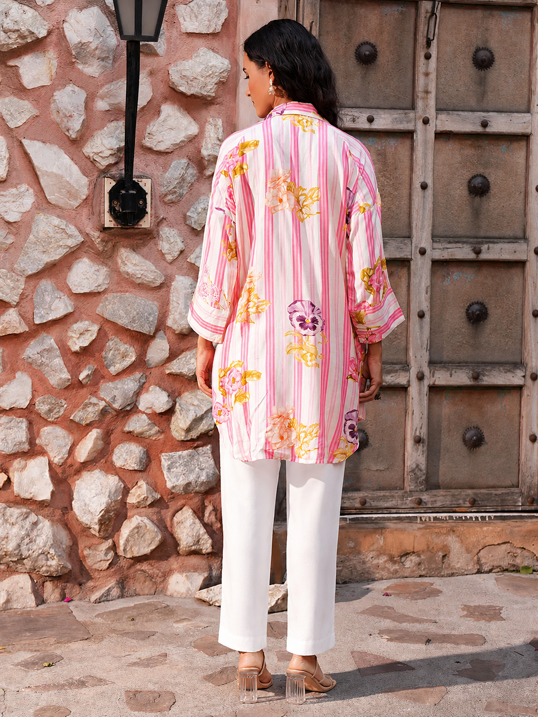 Women’s Pink Striped Printed Muslin Top