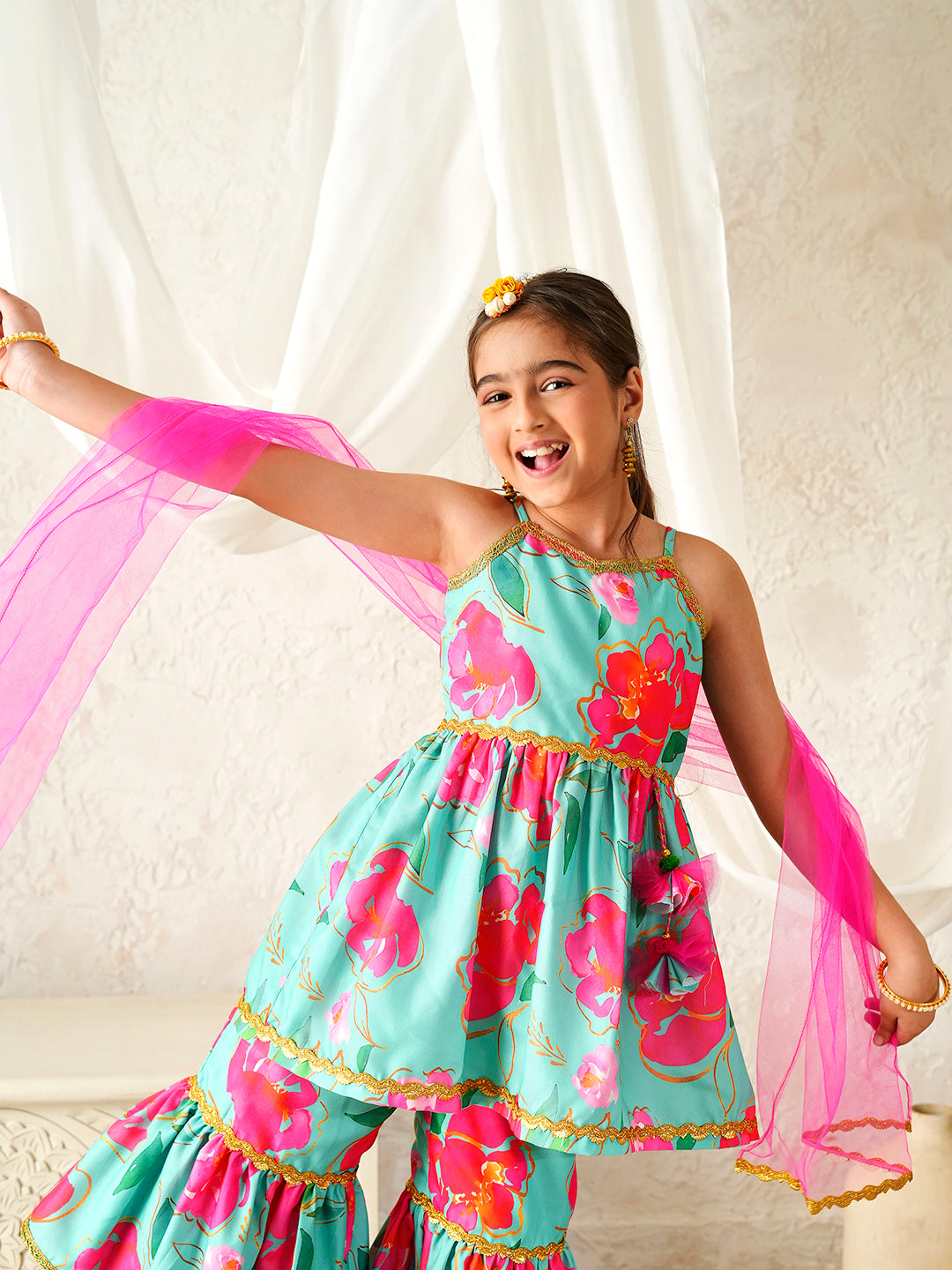 Pspeaches Girls Sea-Green Ethnic Floral Print Rayon A-Line Kurta & Sharara With Dupatta ( Sku-Sha-Tlgreenkota )