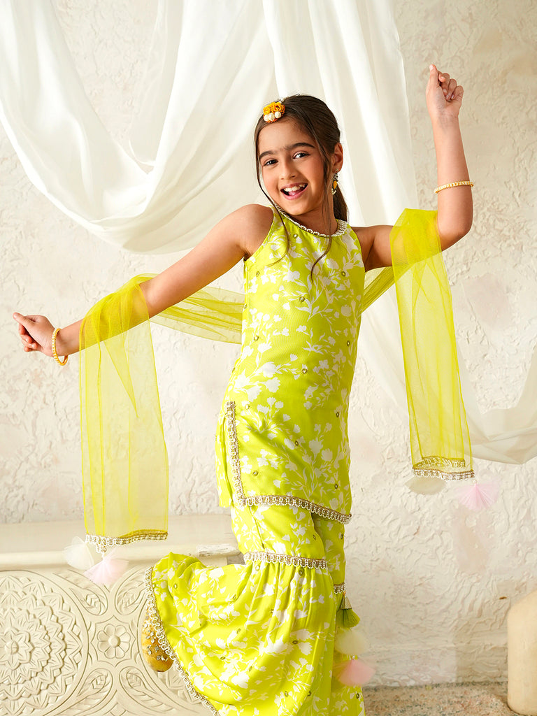 Pspeaches Girls Lime-Green Ethnic Floral Print Rayon A-Line Kurta & Sharara With Dupatta ( Sku-Sha-Limemuslin )
