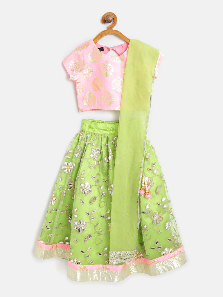 Pspeaches Girls Lime Green Pink Printed Ready To Wear Lehenga Blouse With Dupatta (L-GREEN GOTA)