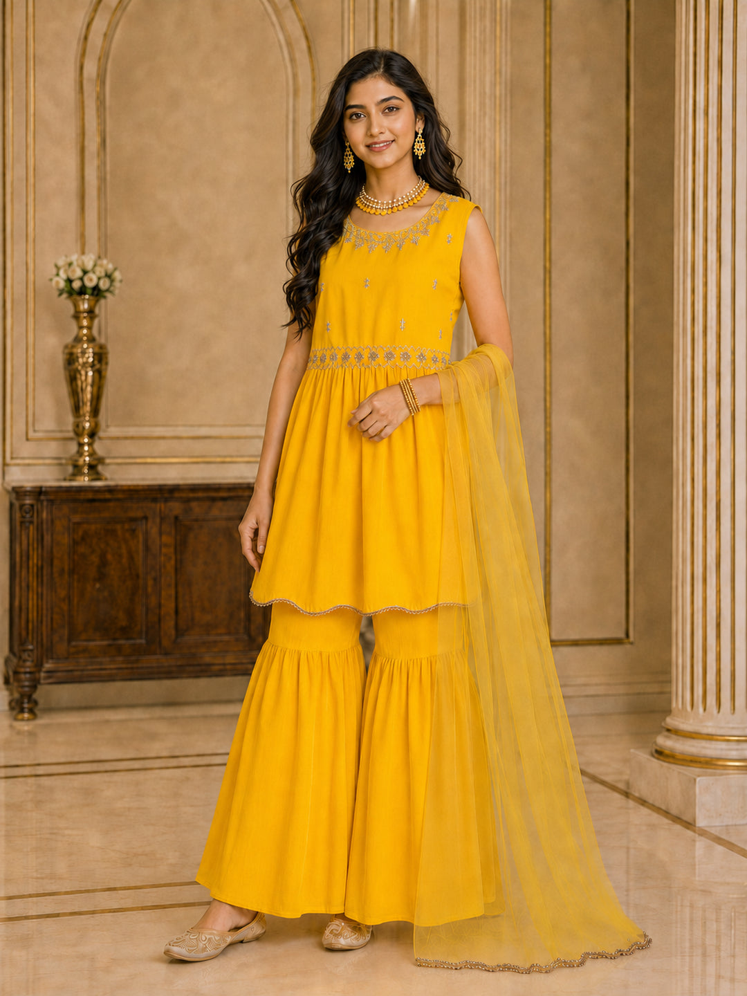 Pspeaches Girls Georgette Sleeveless Round Neck Embroidered Yellow Kurti & Sharara With Dupatta 3 Piece Set