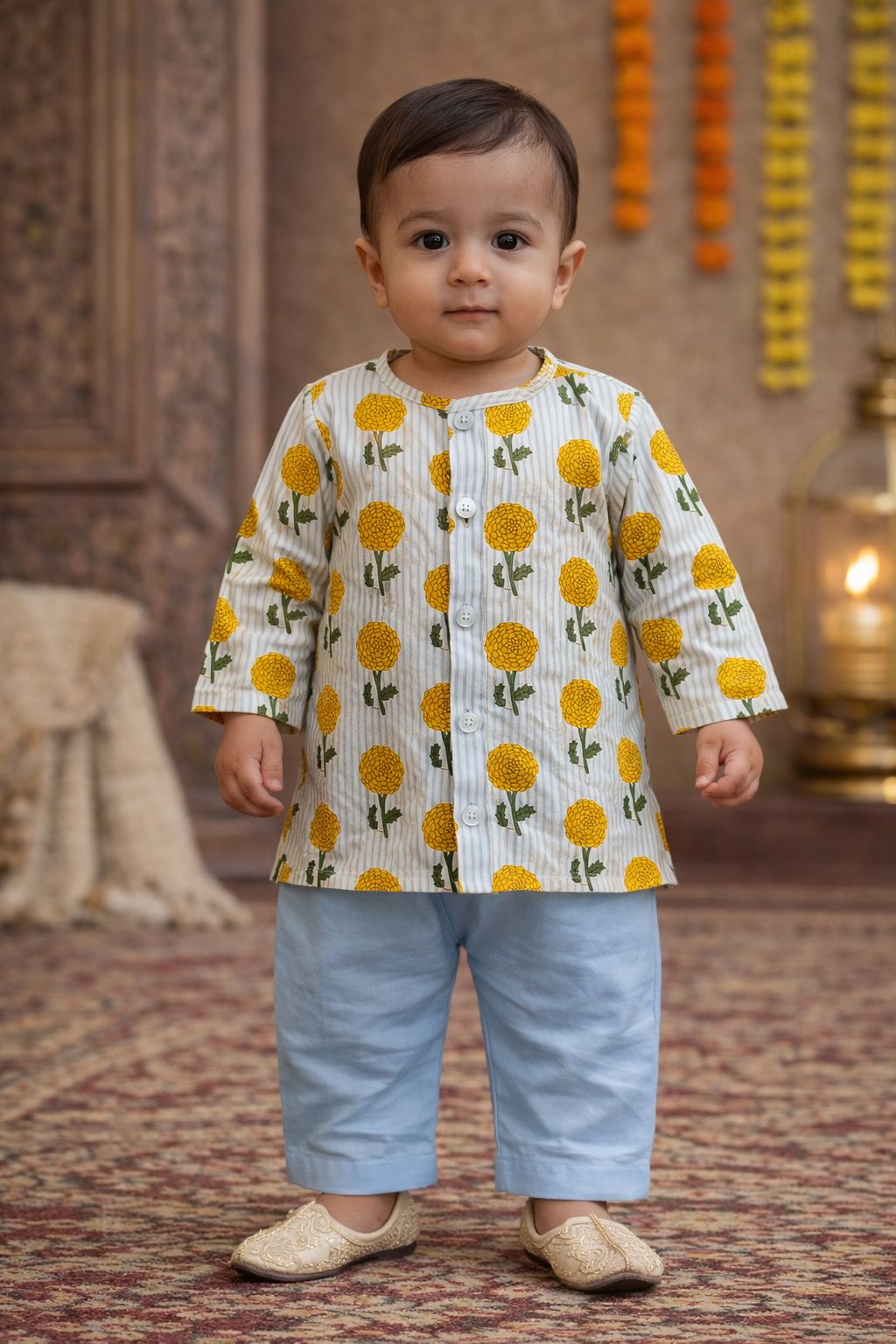 Pspeaches Baby Boys Blue & White Booti With Stripe Print Cotton A-Line Kurta With Pyjama Set ( Sku-Inb-Bluestripes )