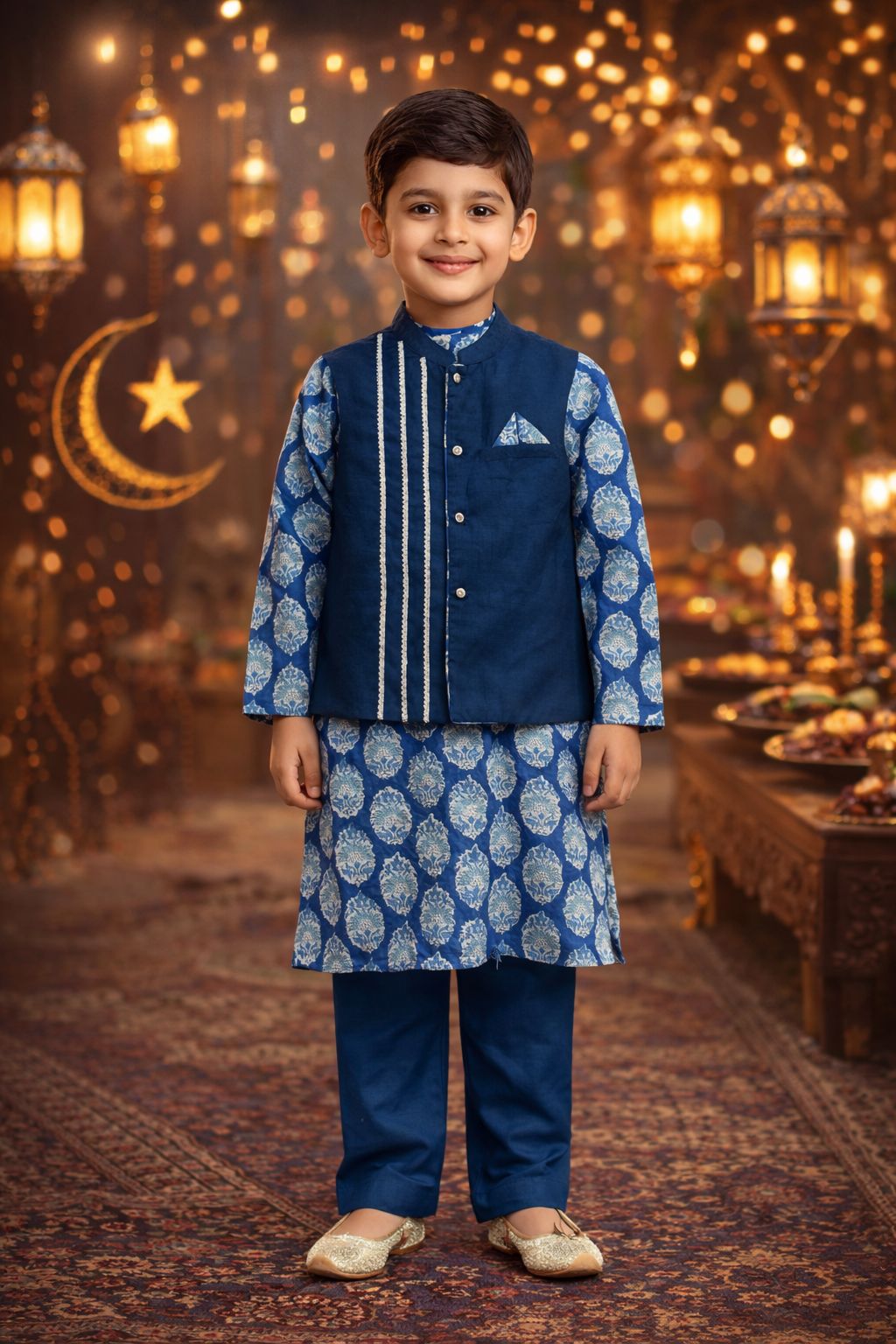 Pspeaches Boys Blue Ethnic Motif Cotton Straight Fit Kurta With Pyjama & Jacket ( Sku-Kp-Bluevich )