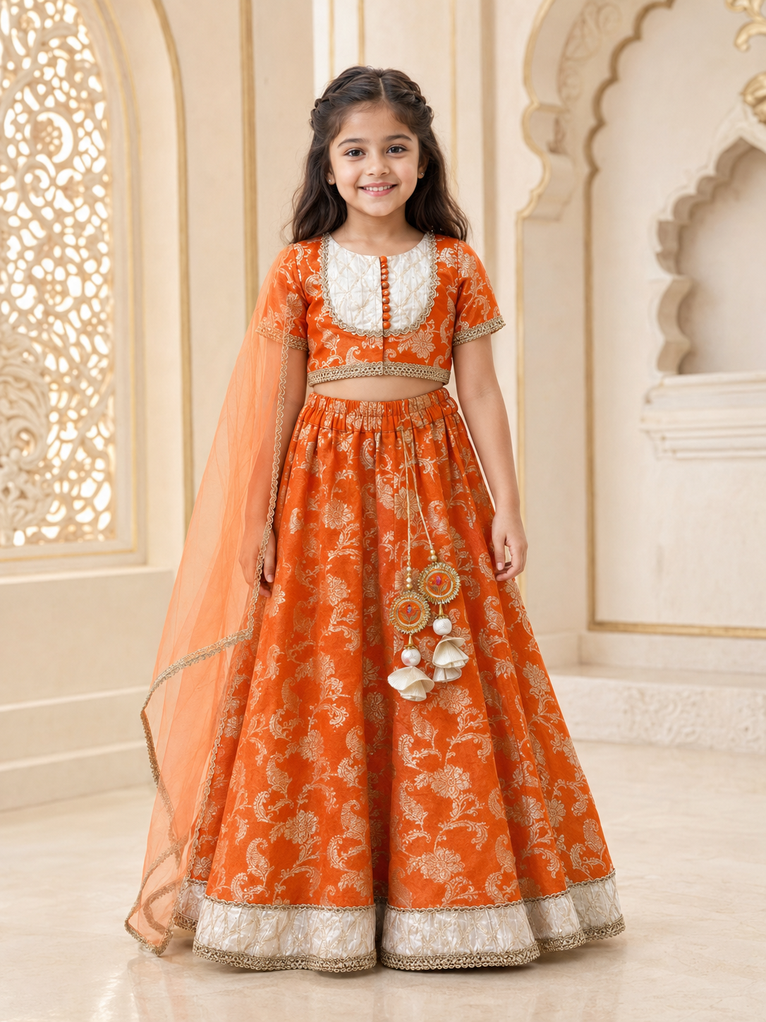 Girls Brocade Printed Fitted Lehenga Choli With Dupatta (L-FLORALORANGEBROCADE)