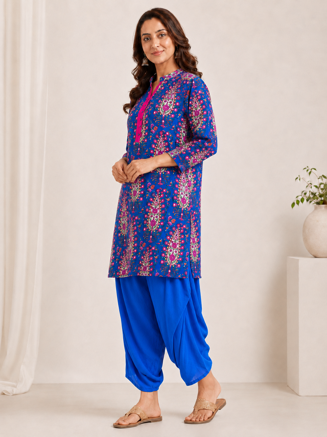 Women's Blue Cotton Mirror Printed Straight Kurta Set with Pants