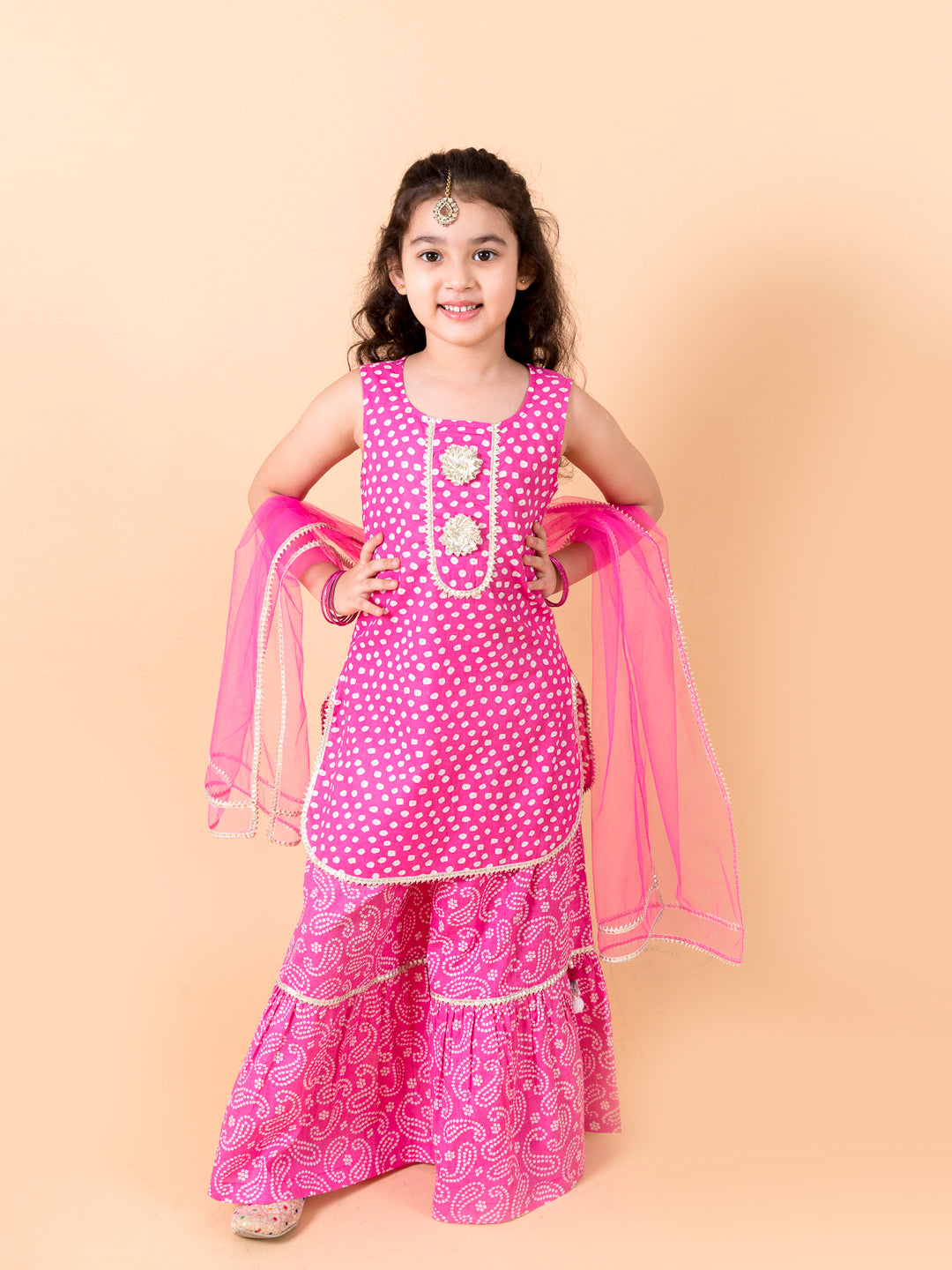 Pspeaches Girls Purple Polka Dot print A-Line Pure Cotton Kurta with Sharara & Dupatta (SKU-Sha-Purplebandhej)