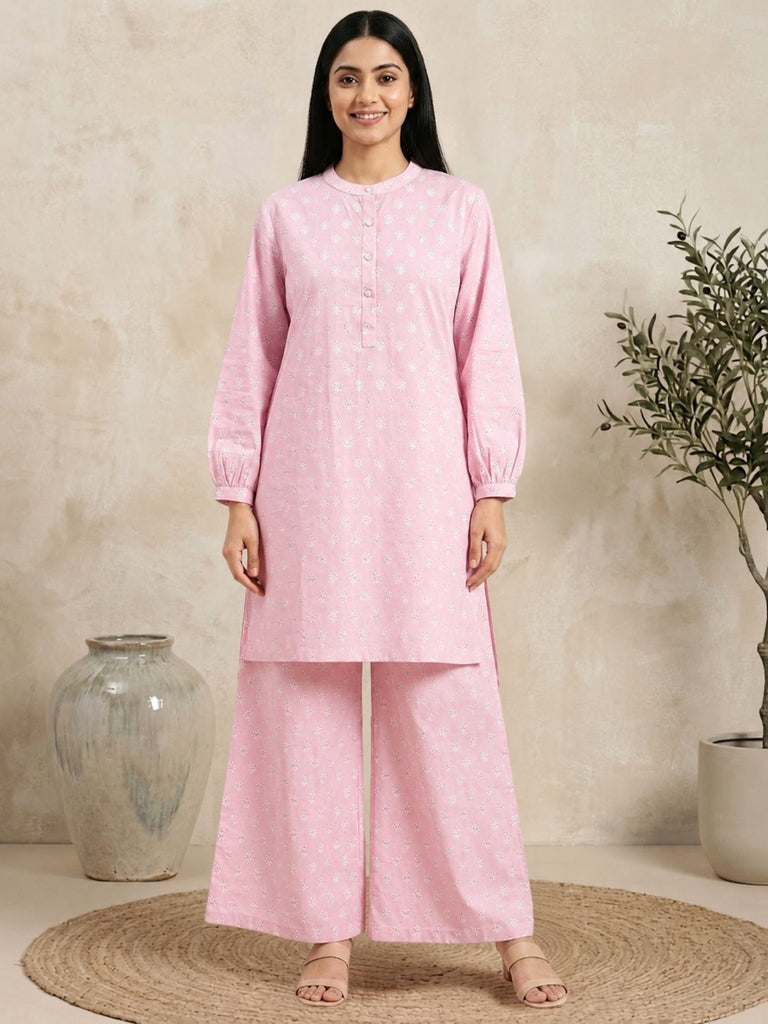 Pspeaches Women Cotton Full Sleeves Mandarin Collar Floral Print Kurta With Pant 2 Piece Set - Pink