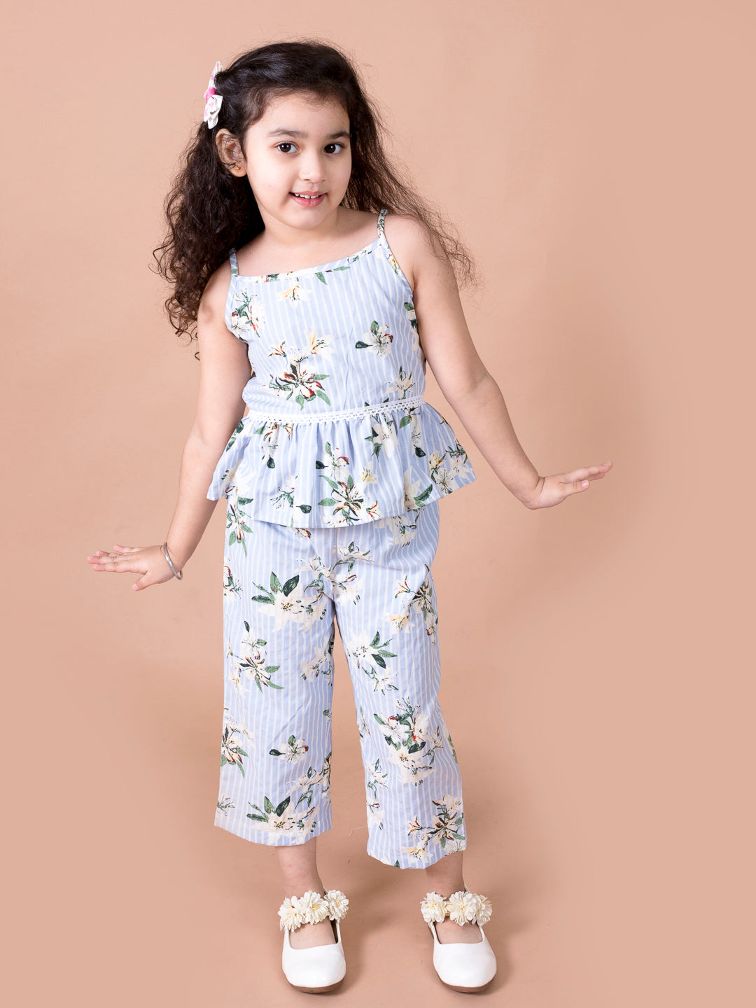 Pspeaches Girls Blue Floral Printed Top With Trousers (S-FLORAL LILY)