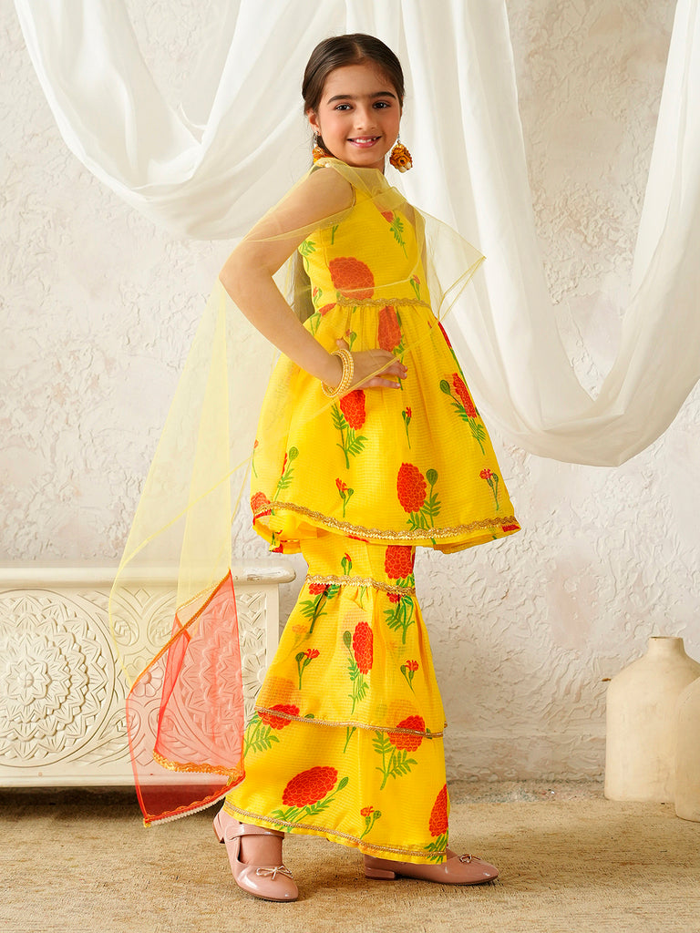 Pspeaches Girls Yellow Ethnic Floral Print Kota-Doria A-Line Kurta & Sharara With Dupatta ( Sku-Sha-Ylredrose )