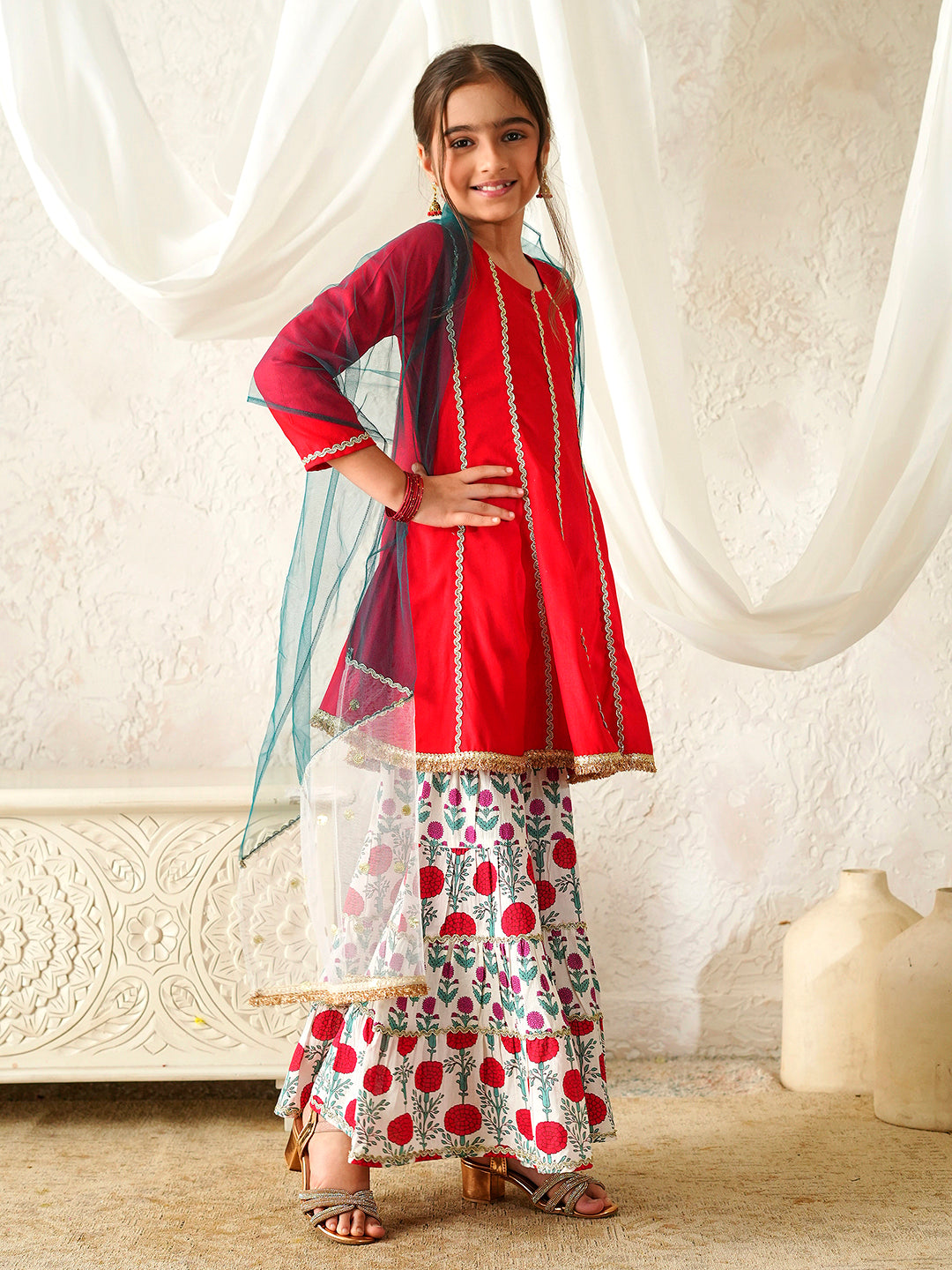 Pspeaches Girls Red Ethnic Floral Print Rayon A-Line Kurta & Sharara With Dupatta ( Sku-Sha-Redrayon )