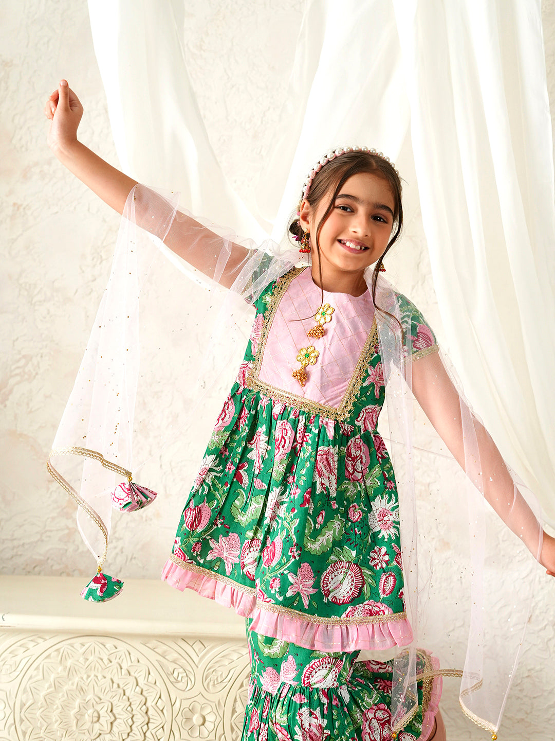 Pspeaches Girls Pink & Green Ethnic Floral Print Cotton A-Line Kurta & Sharara With Dupatta ( Sku-Sha-Greenlurex )