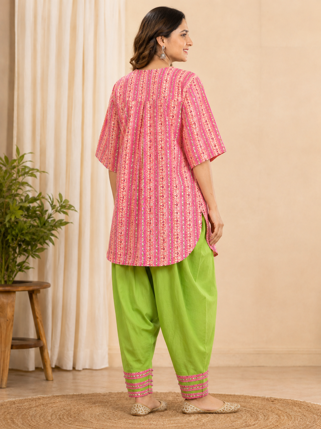 Women's Pink Cotton Striped Straight Kurta Set with Salwar