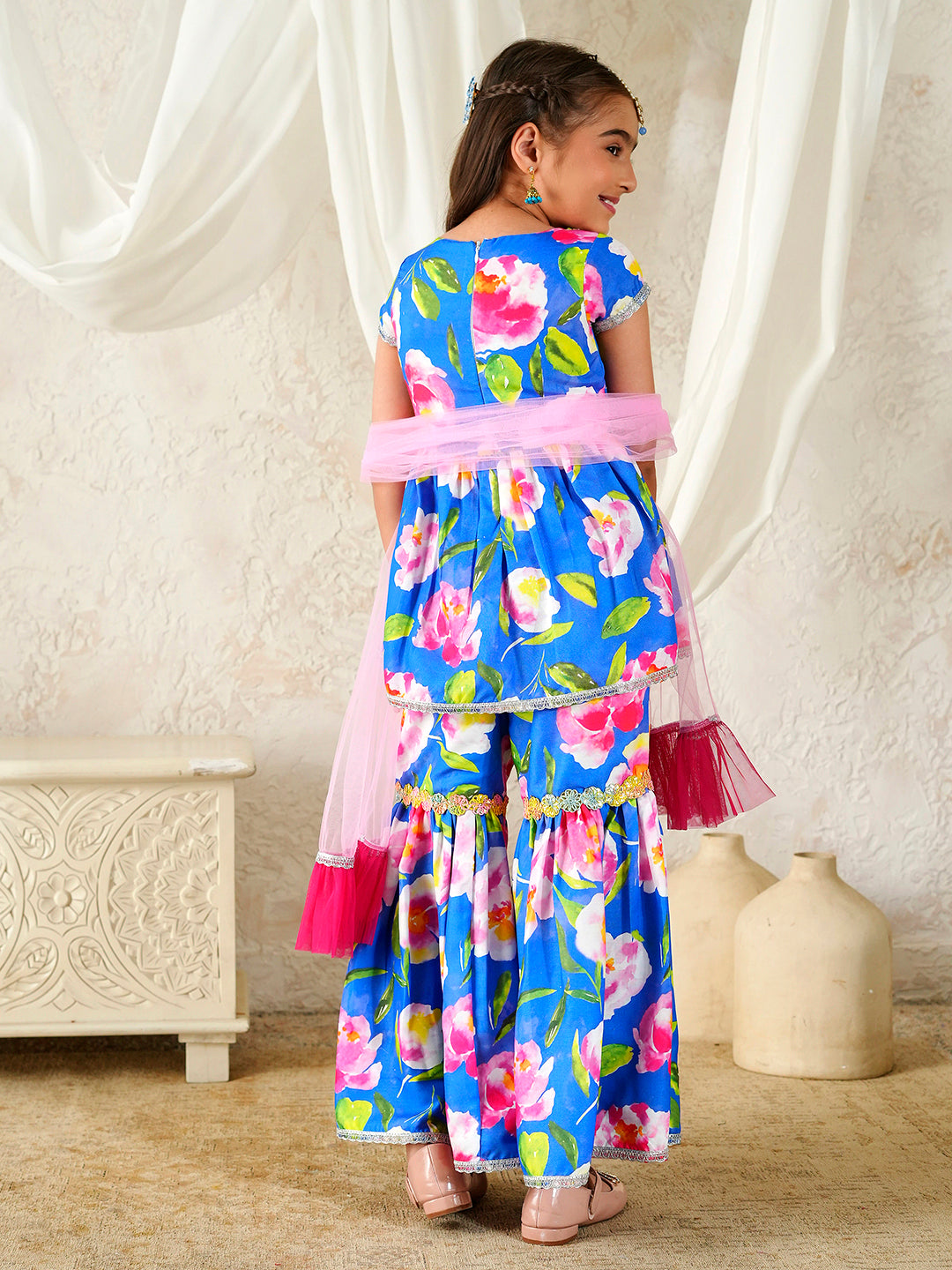 Pspeaches Girls Multi Ethnic Floral Print Rayon A-Line Kurta & Sharara With Dupatta ( Sku-Sha-Pinkwtrose )