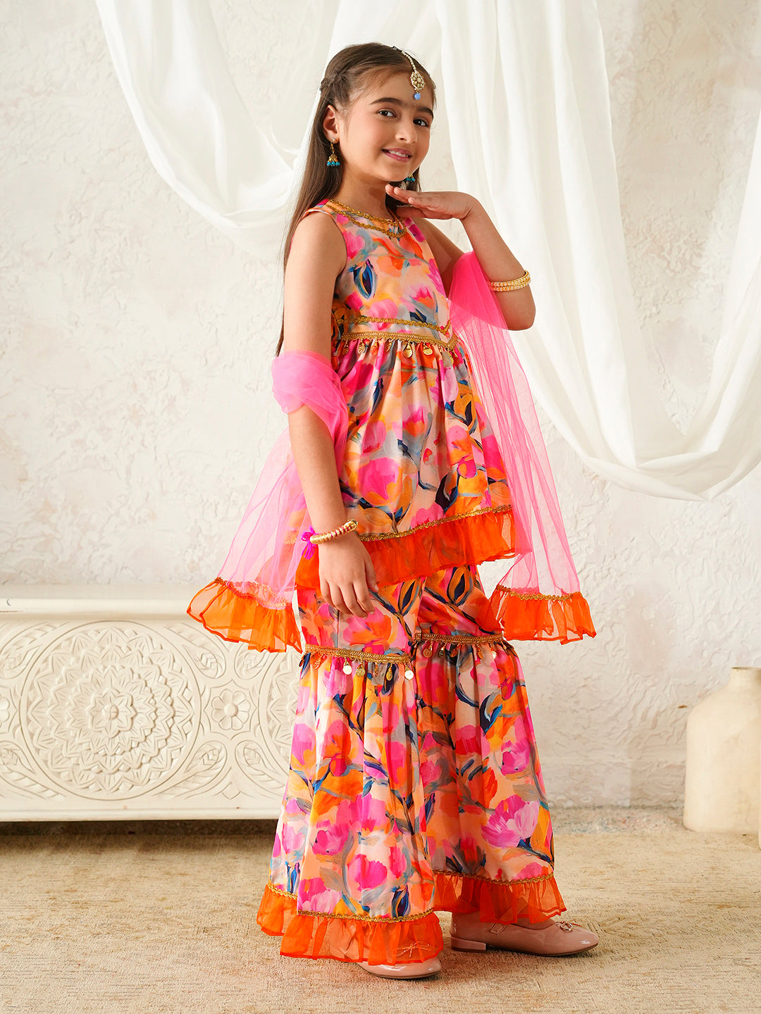 Pspeaches Girls Multi Ethnic Floral Print Rayon A-Line Kurta & Sharara With Dupatta ( Sku-Sha-Orangemuslin )