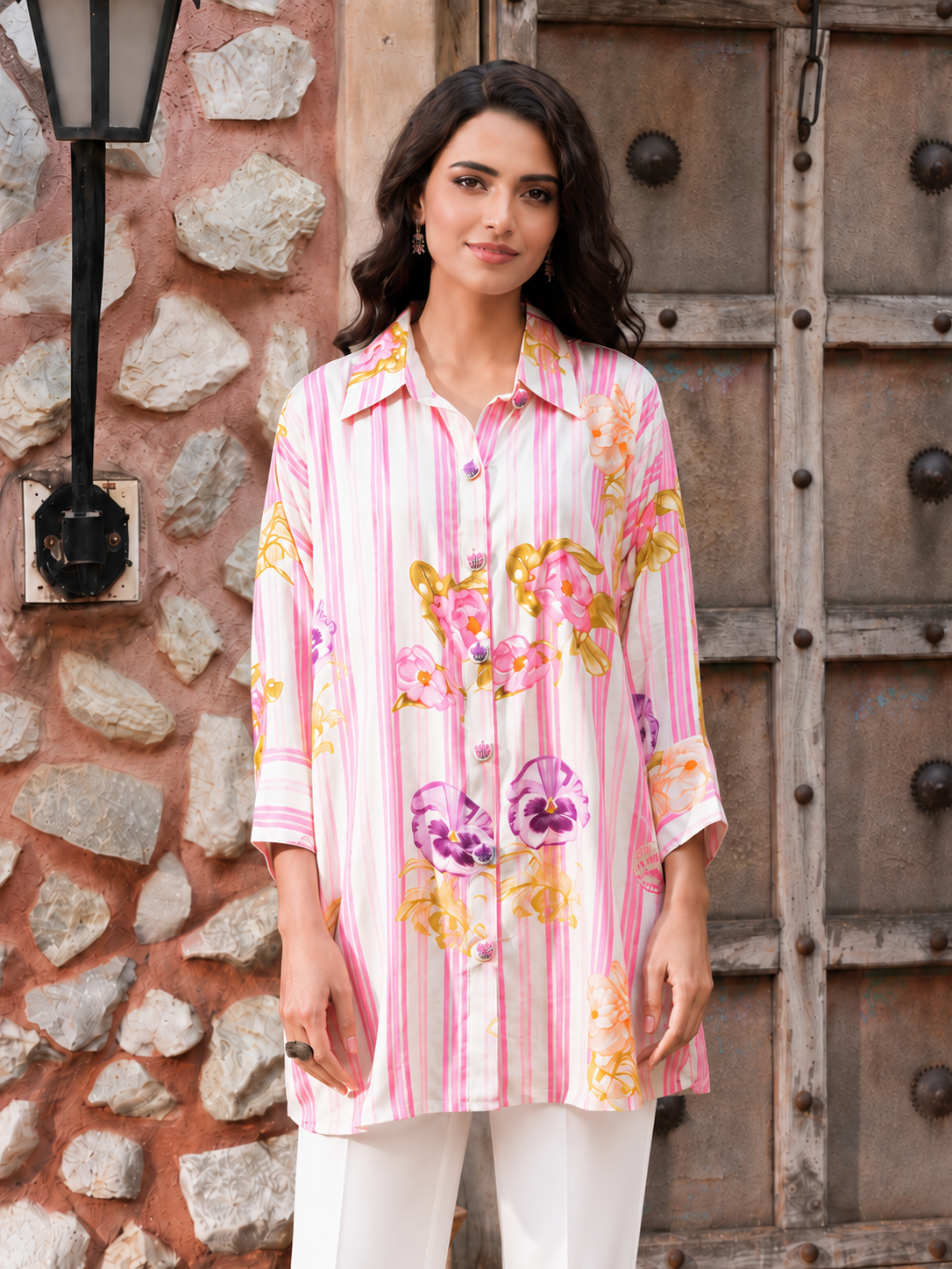 Women’s Pink Striped Printed Muslin Top