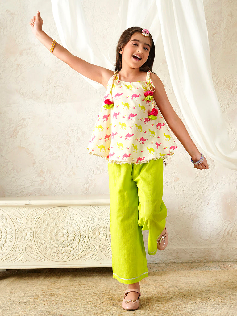 Pspeaches Girls Beige & Green Ethnic Camel Print Cotton A-Line Kurta With Palazzo Set ( Sku-Iw-Camelprint )