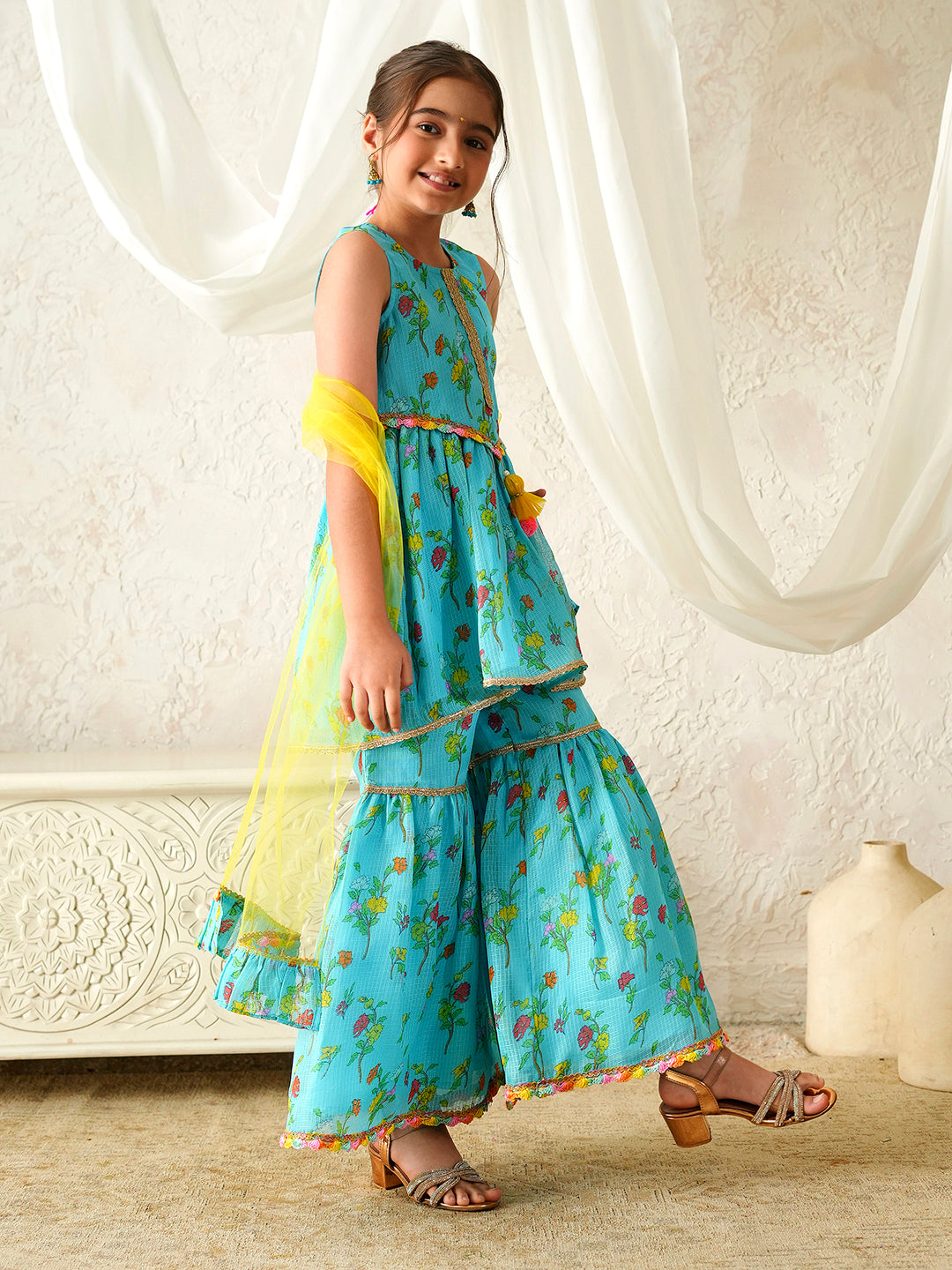 Pspeaches Girls Turquoise & Yellow Ethnic Floral Print Kota-Doria A-Line Kurta & Sharara With Dupatta ( Sku-Sha-Turqkota )
