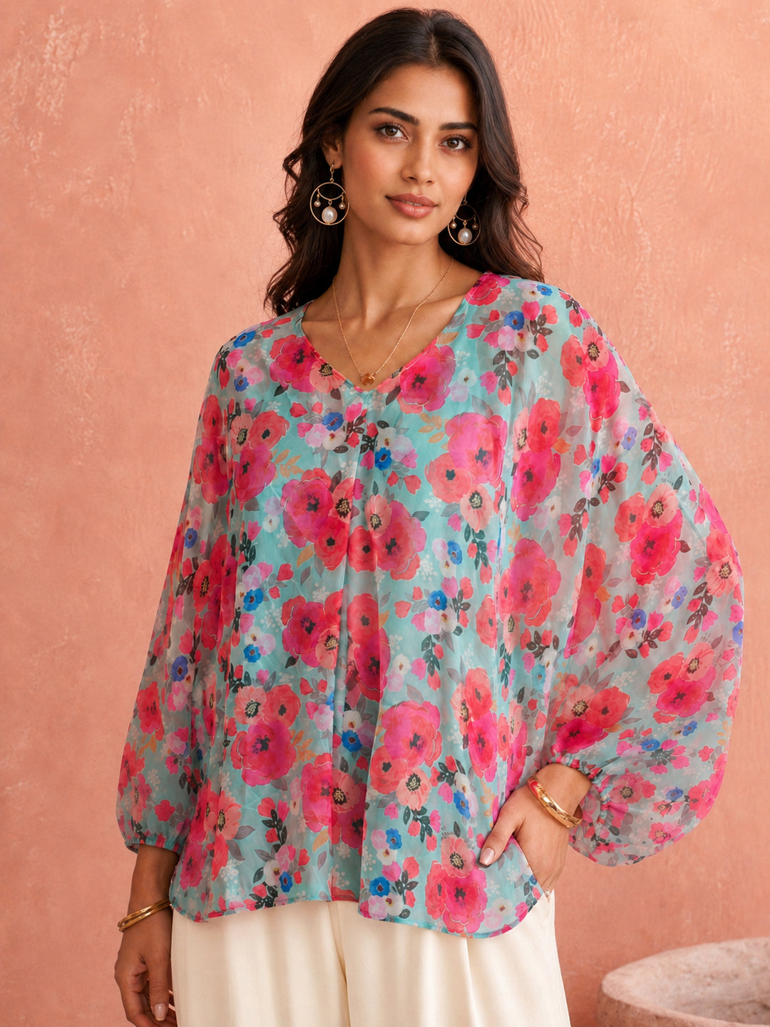 Pspeaches Women Georgette Full Sleeves V-Neck Floral Print Top With Camisole - Multicolor