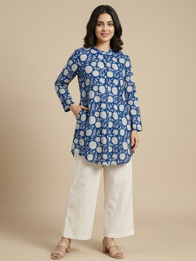 Pspeaches Women Cotton 3/4Th Sleeves Mandarin Collar Floral Print Kurta With Pant 2 Piece Set - Blue & White