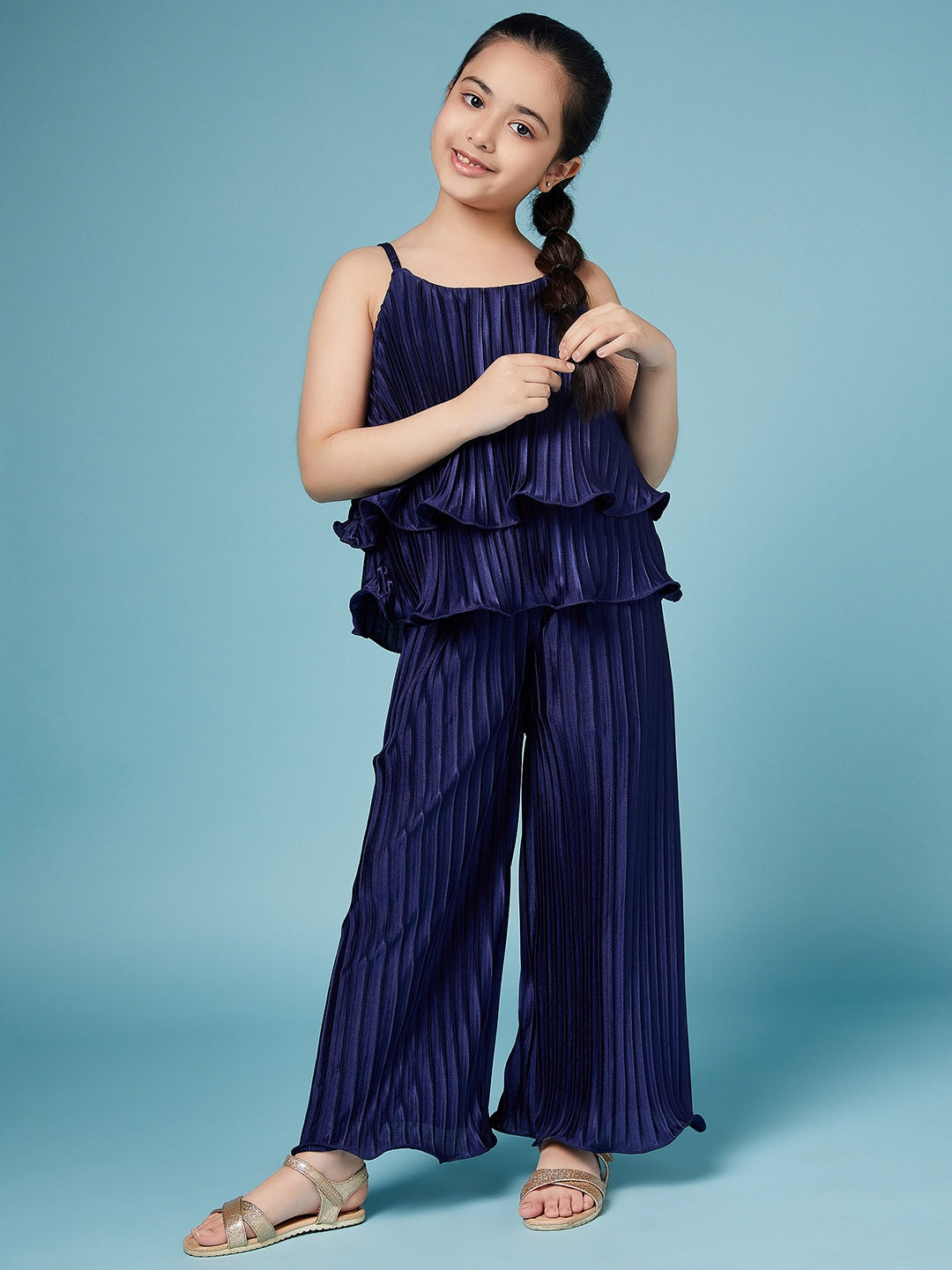 Girls Self Design Sleeveless Top with Palazzos (s-navypleat)