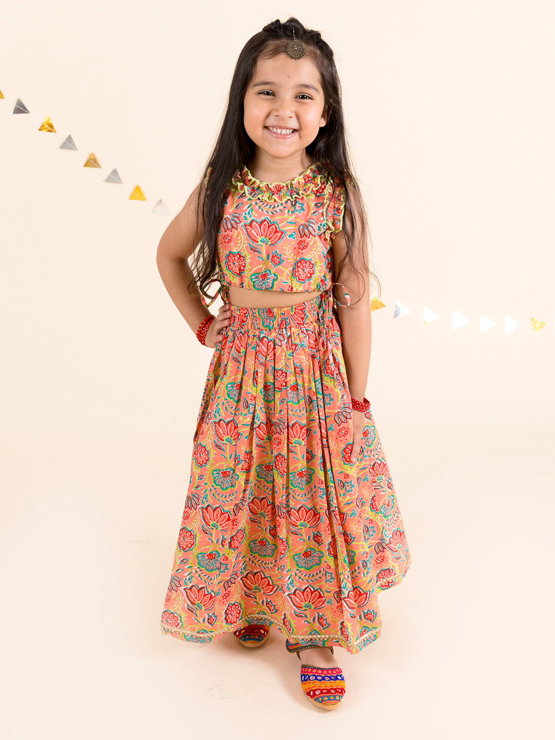 Pspeaches Girls Coral Floral Printed Cotton Flared Lehenga With Choli ( SKU-L-Coralfrill )