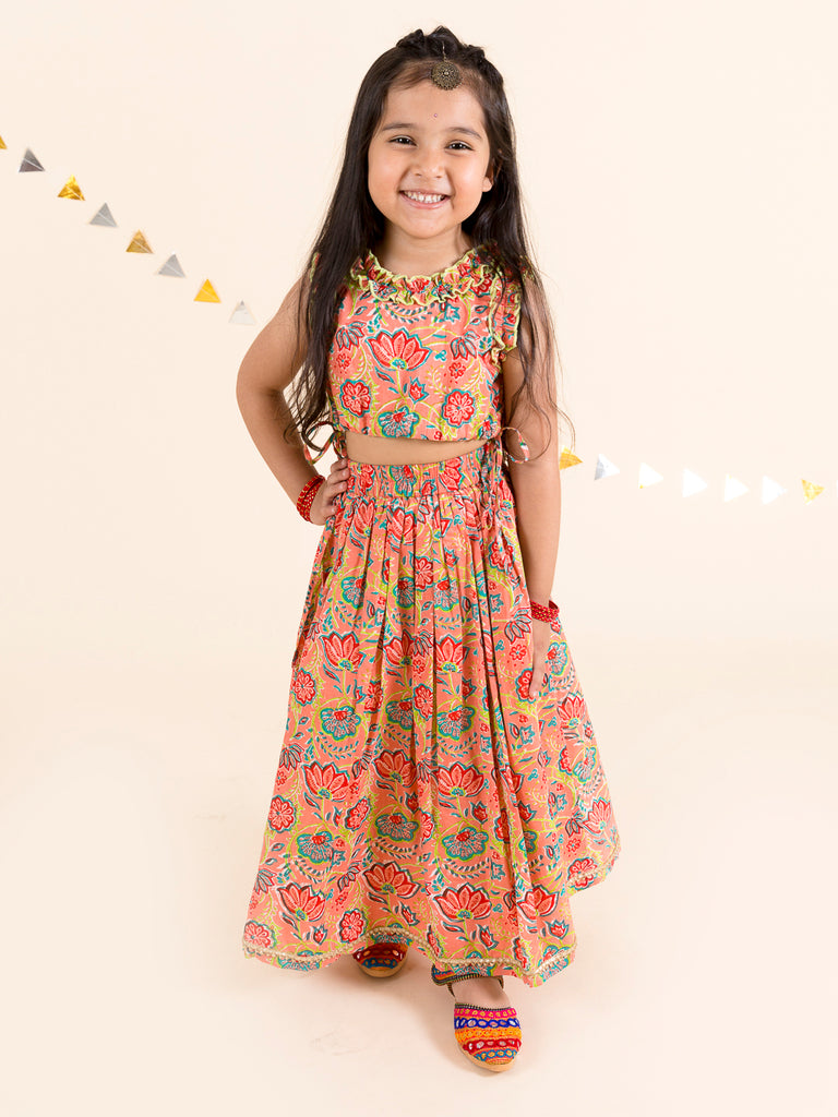 Pspeaches Girls Coral Floral Printed Cotton Flared Lehenga With Choli ( SKU-L-Coralfrill )