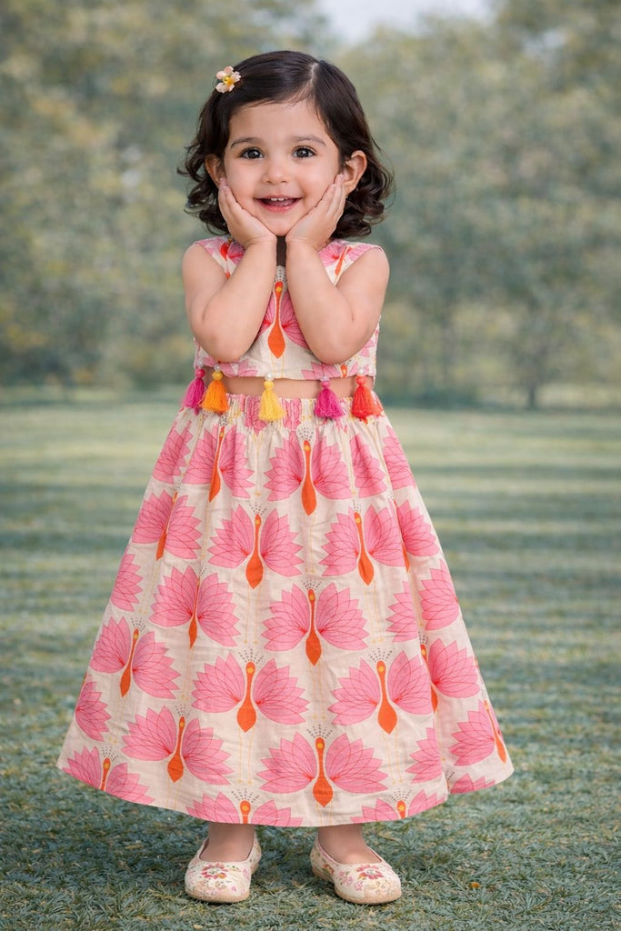 Pspeaches Baby Girls Off-White Ethnic Peacock Print Cotton Circular Lehenga With Choli Set ( Sku-Ing-Lpeacock )
