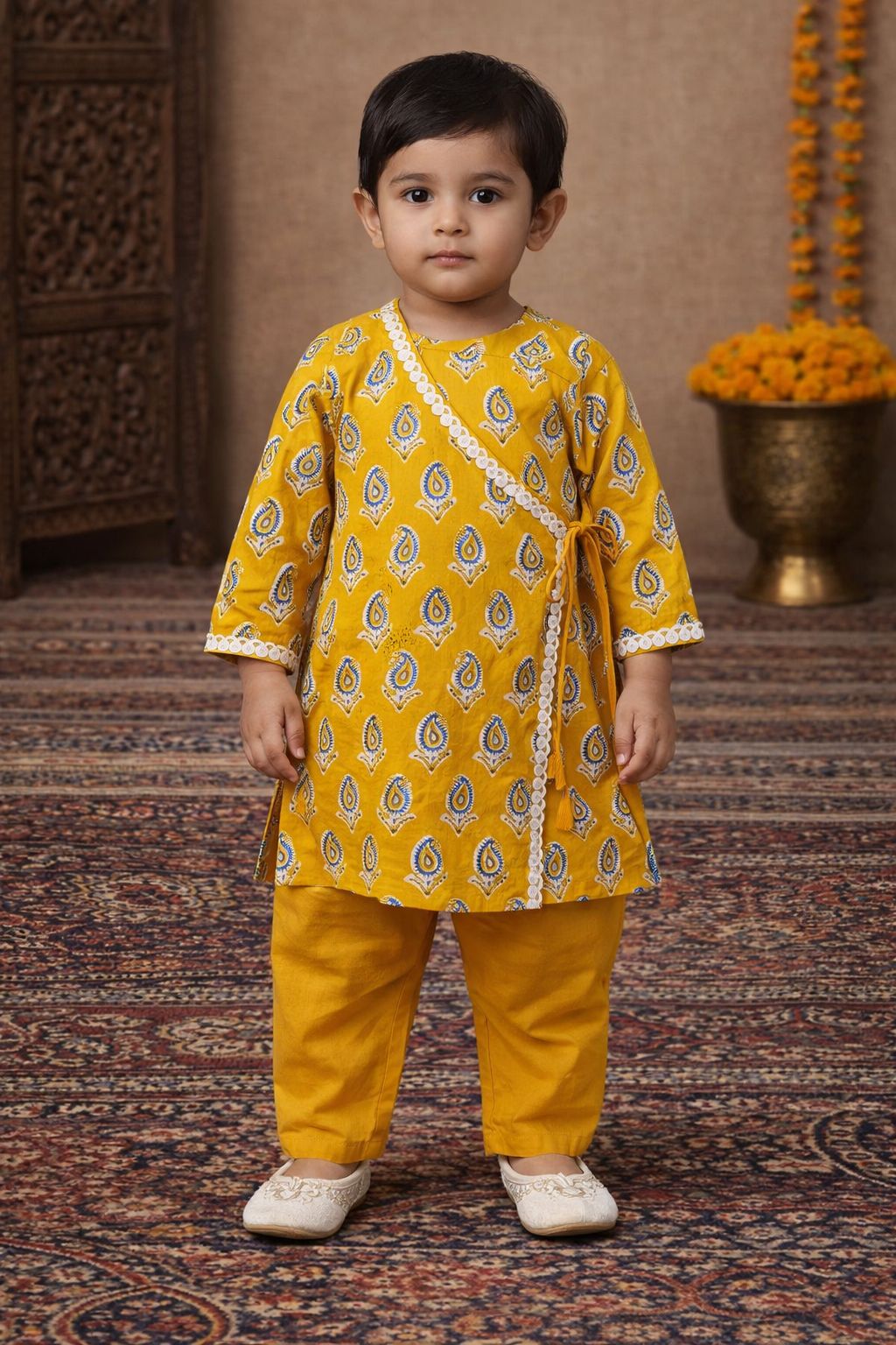 Pspeaches Baby Boys Mustard Ethnic Booti Print Cotton Angrakha Kurta With Pyjama Set ( Sku-Inb-Yellowbooti )