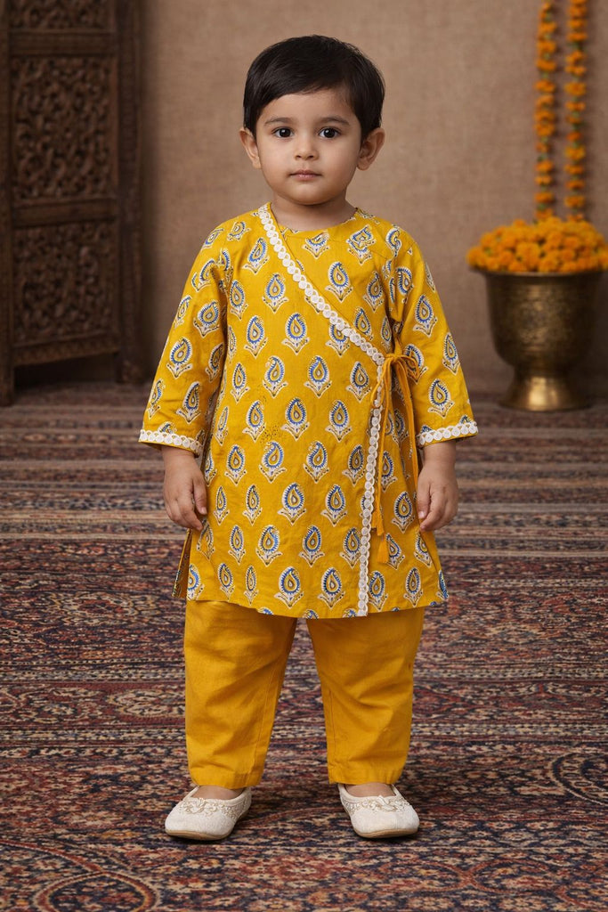 Pspeaches Baby Boys Mustard Ethnic Booti Print Cotton Angrakha Kurta With Pyjama Set ( Sku-Inb-Yellowbooti )