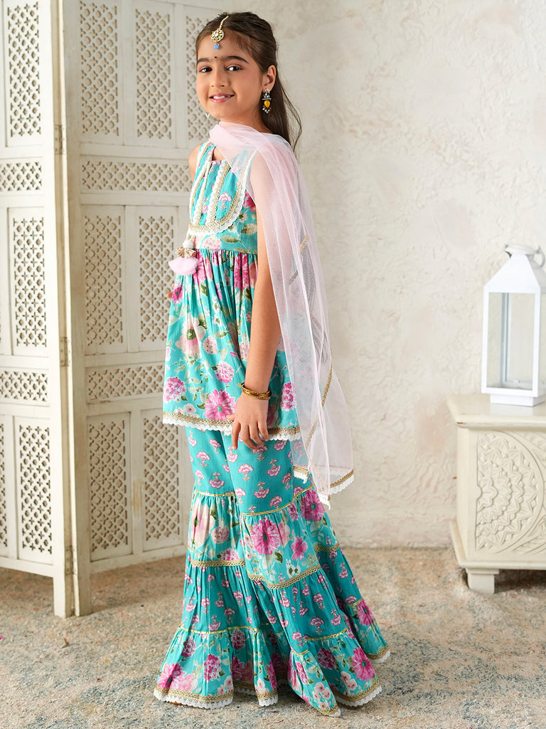 Pspeaches Girls Sky-Blue Ethnic Floral Print Cotton A-Line Kurta & Sharara With Dupatta ( Sku-Sha-Bluecambric )