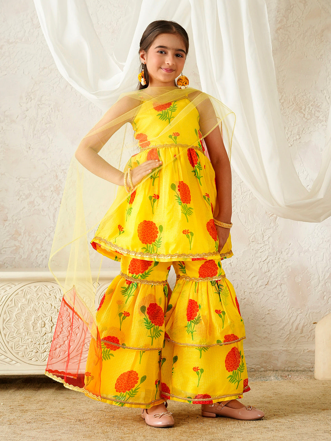 Pspeaches Girls Yellow Ethnic Floral Print Kota-Doria A-Line Kurta & Sharara With Dupatta ( Sku-Sha-Ylredrose )