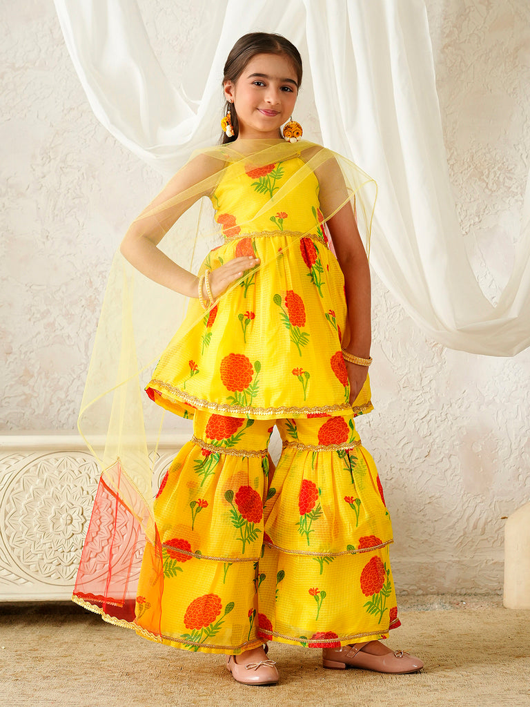 Pspeaches Girls Yellow Ethnic Floral Print Kota-Doria A-Line Kurta & Sharara With Dupatta ( Sku-Sha-Ylredrose )