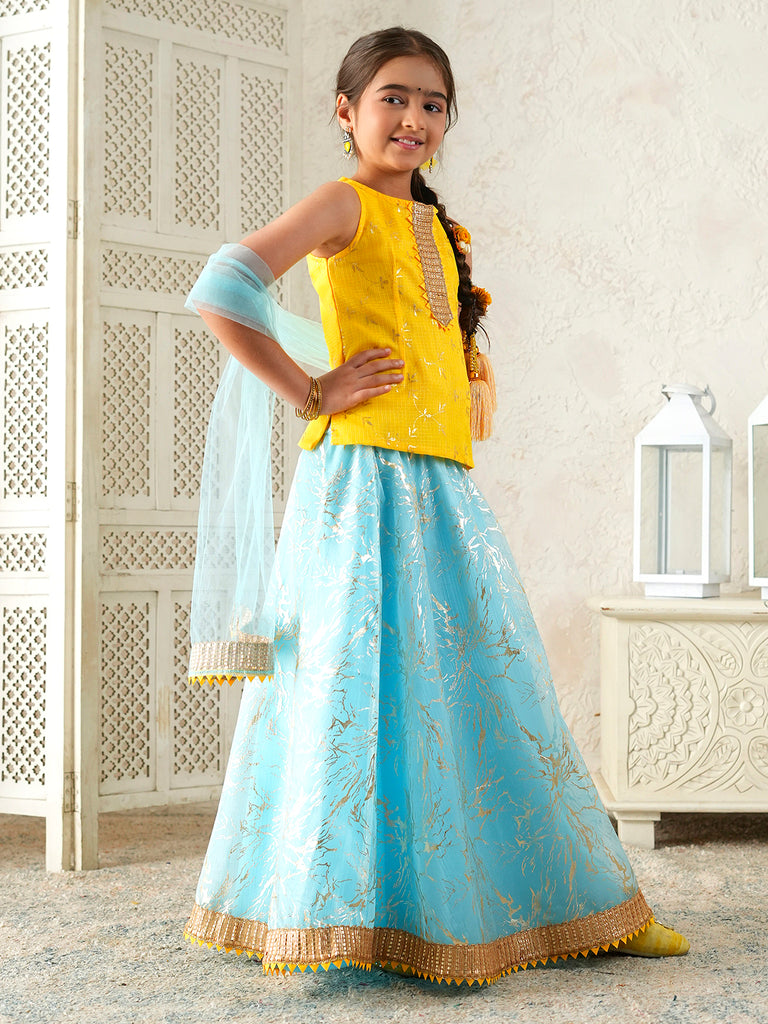 Pspeaches Girls Yellow & Sky Blue Ethnic Foil Print Kota Doria Circular Lehenga & Choli With Dupatta ( Sku-L-Blueshimmer )