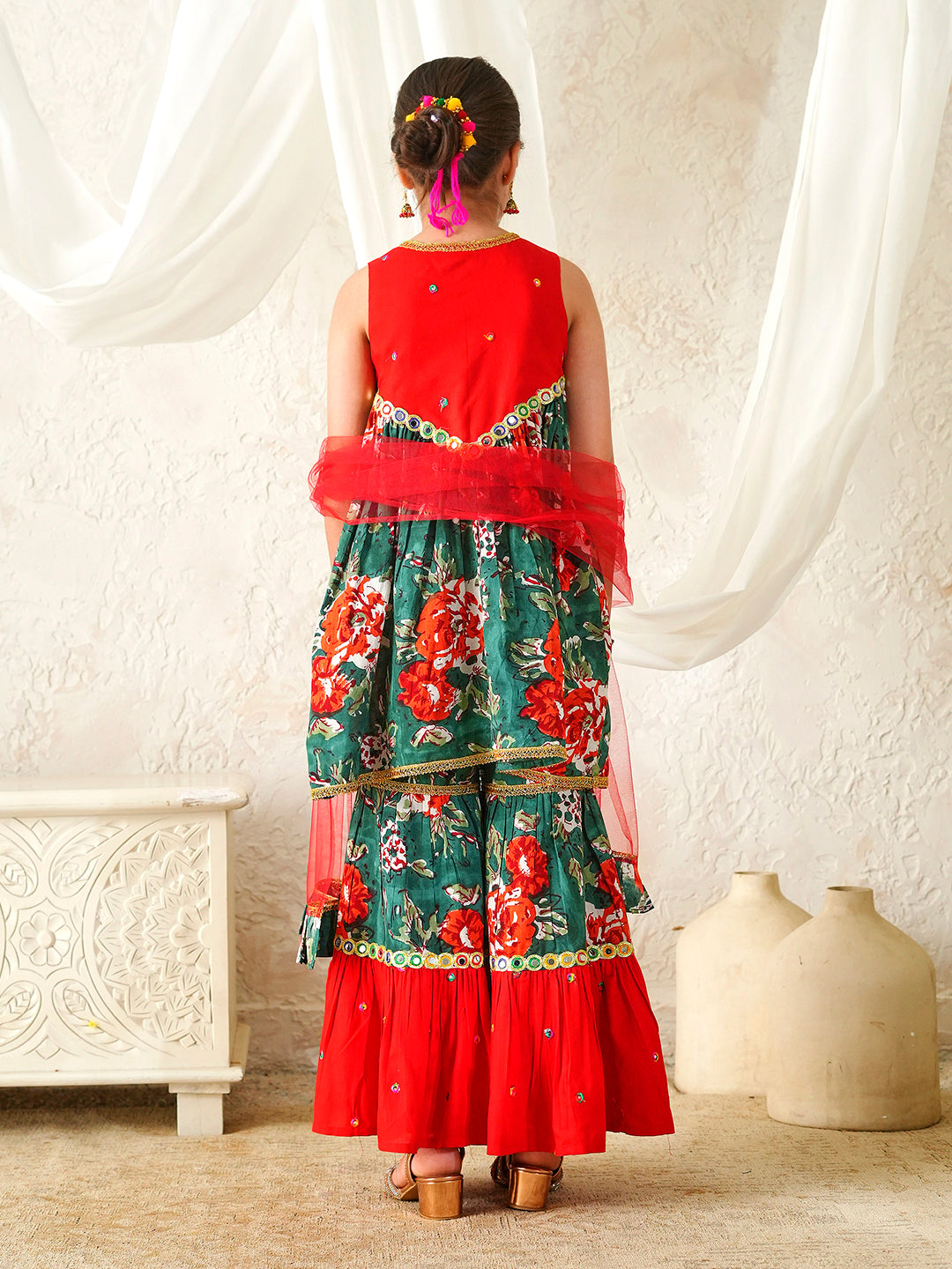 Pspeaches Girls Red & Green Ethnic Floral Print Cotton A-Line Kurta & Sharara With Dupatta ( Sku-Sha-Redgreenmirror )