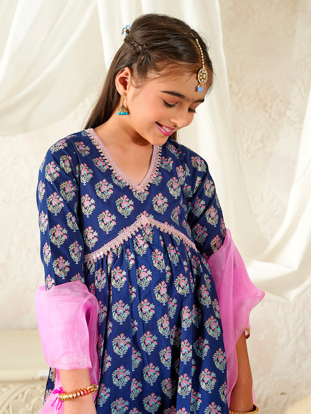 Pspeaches Girls Navy Blue & Pink Ethnic Floral Print Cotton A-Line Kurta & Pant With Dupatta ( Sku-Ks-Pinksunflower )
