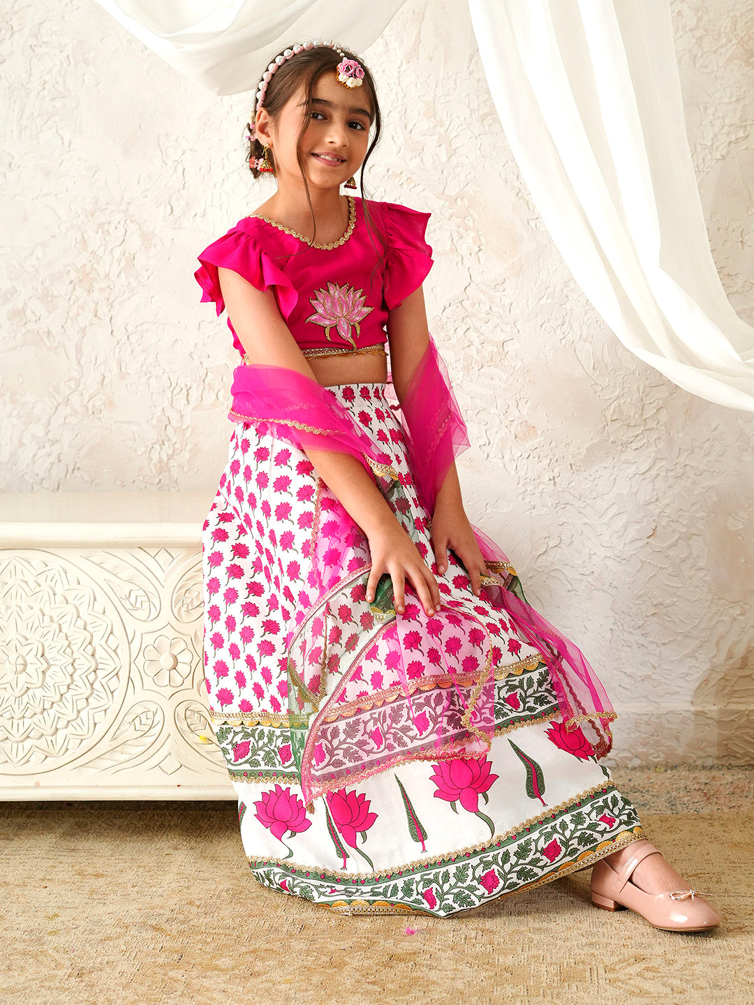 Pspeaches Girls Magenta & White Ethnic Booti Print Rayon Circular Lehenga & Choli With Dupatta ( Sku-L-Mglotuspatch )
