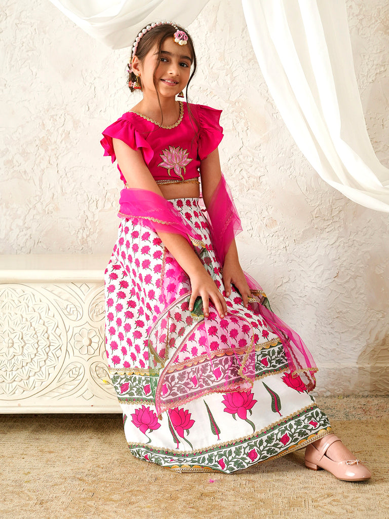 Pspeaches Girls Magenta & White Ethnic Booti Print Rayon Circular Lehenga & Choli With Dupatta ( Sku-L-Mglotuspatch )
