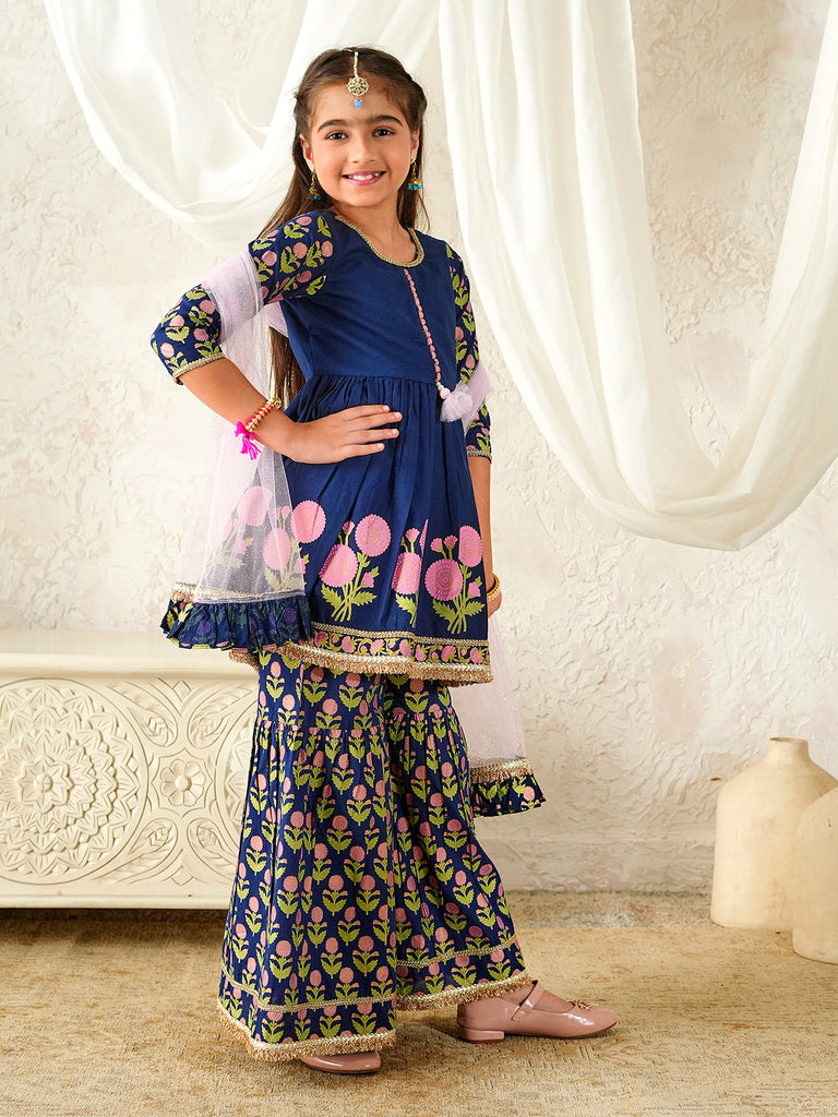 Pspeaches Girls Blue Ethnic Floral Print Cotton A-Line Kurta & Sharara With Dupatta ( Sku-Sha-Navyblcambric )