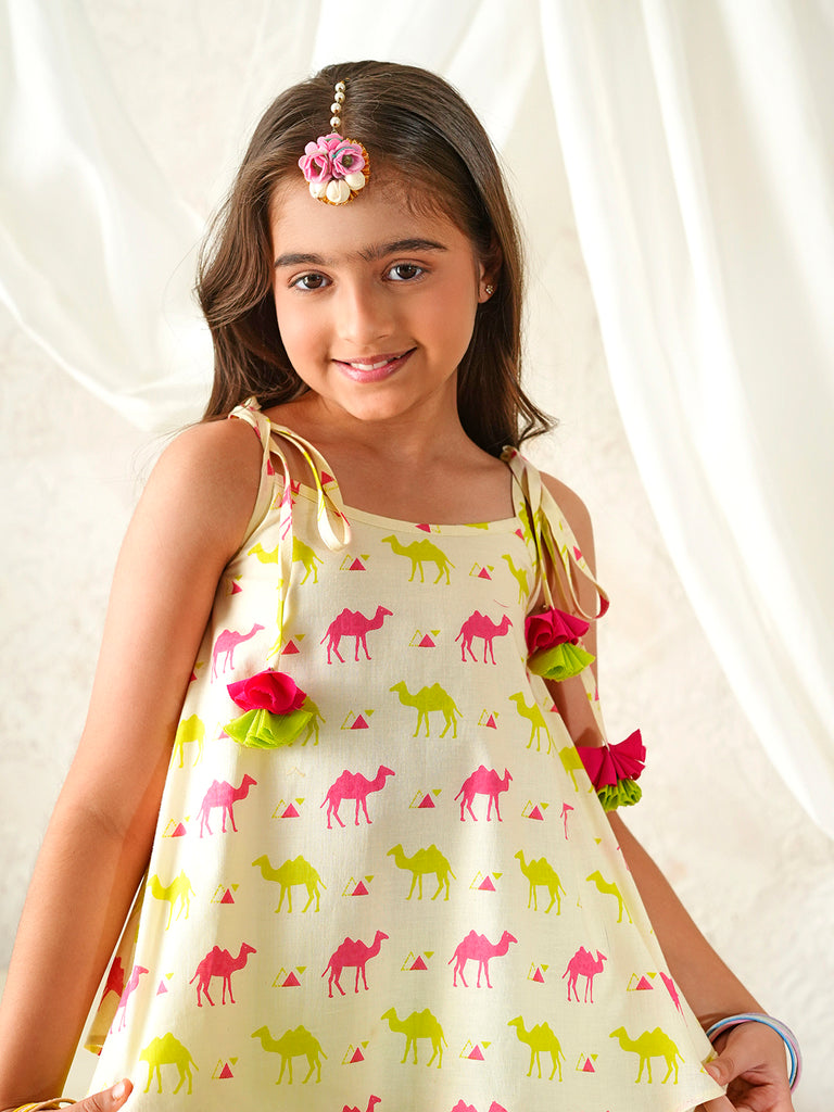 Pspeaches Girls Beige & Green Ethnic Camel Print Cotton A-Line Kurta With Palazzo Set ( Sku-Iw-Camelprint )