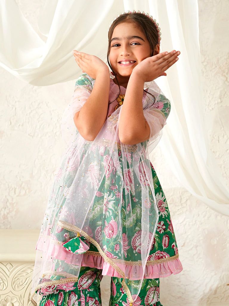 Pspeaches Girls Pink & Green Ethnic Floral Print Cotton A-Line Kurta & Sharara With Dupatta ( Sku-Sha-Greenlurex )
