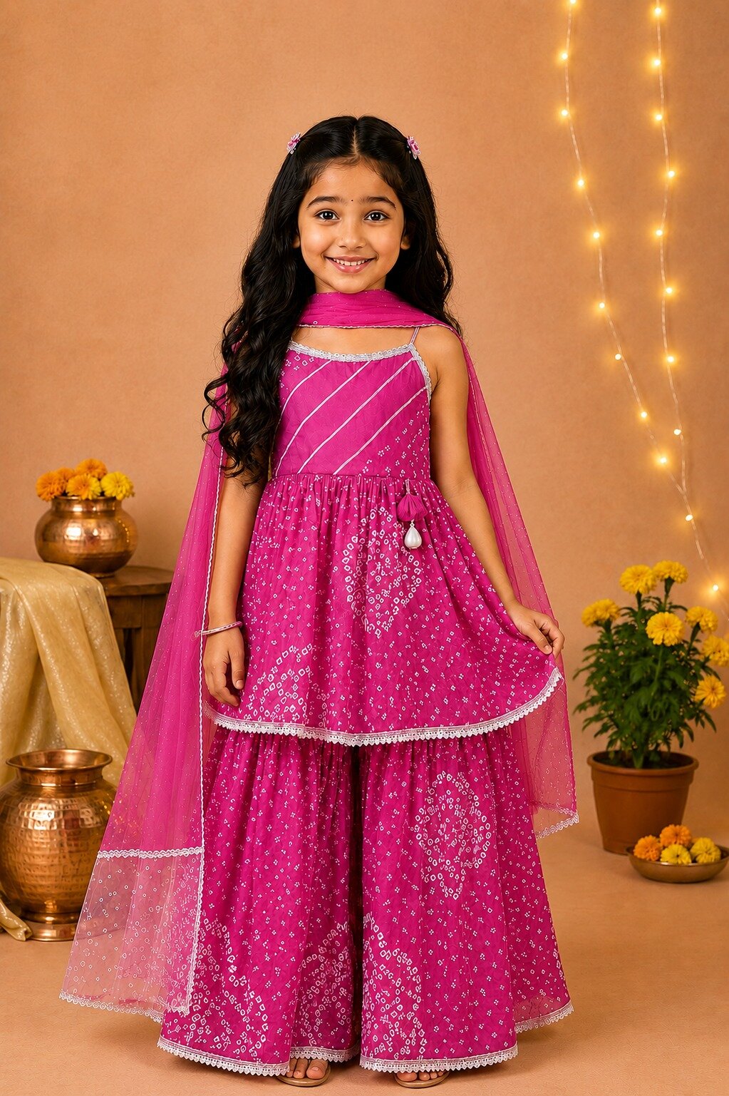 Pspeaches Girls Ethnic Magenta Bandhani Printed Cambric Asymmetric Kurta Sharara Set With Dupatta (Sku-Sha-Magentabandhni)