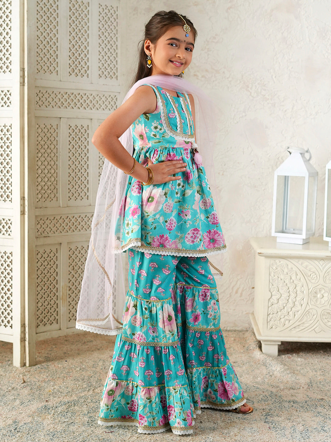 Pspeaches Girls Sky-Blue Ethnic Floral Print Cotton A-Line Kurta & Sharara With Dupatta ( Sku-Sha-Bluecambric )