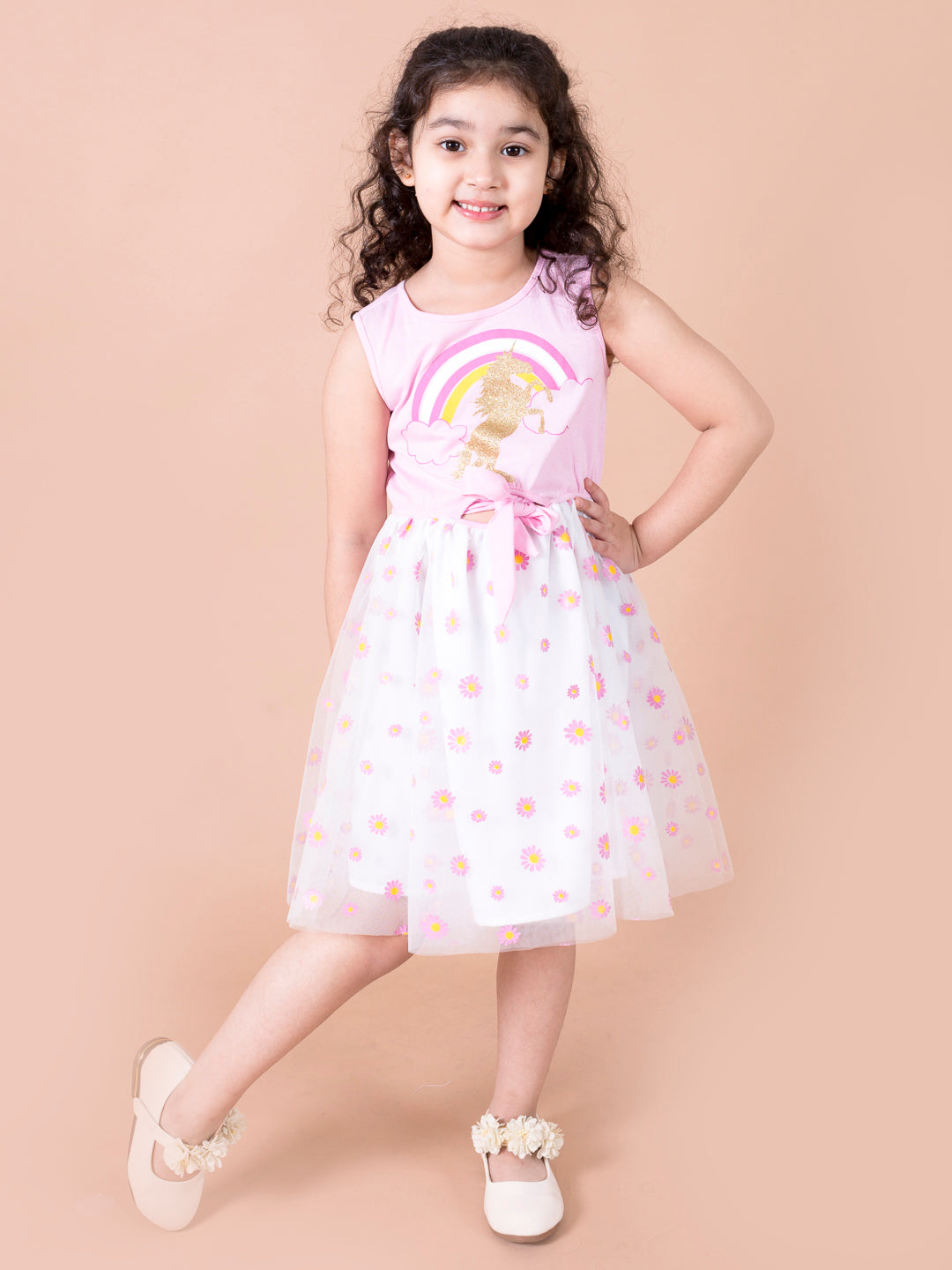 Pspeaches Girls White & Pink Polka Dot Printed Cotton jersey & Net Fit & Flare Dress (SKU-D-Roseuni)