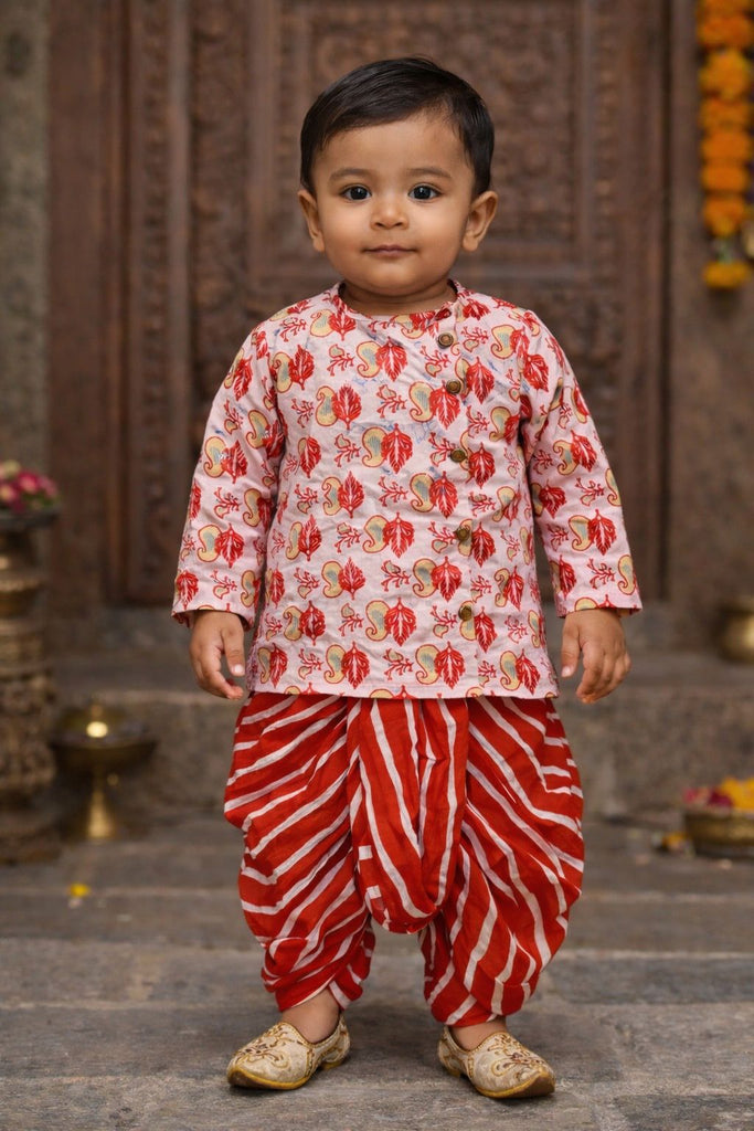 Pspeaches Baby Boys Pink & Orange Booti Print Cotton Straight Fit Kurta With Dhoti Pant ( Sku-Inb-Dhotired )