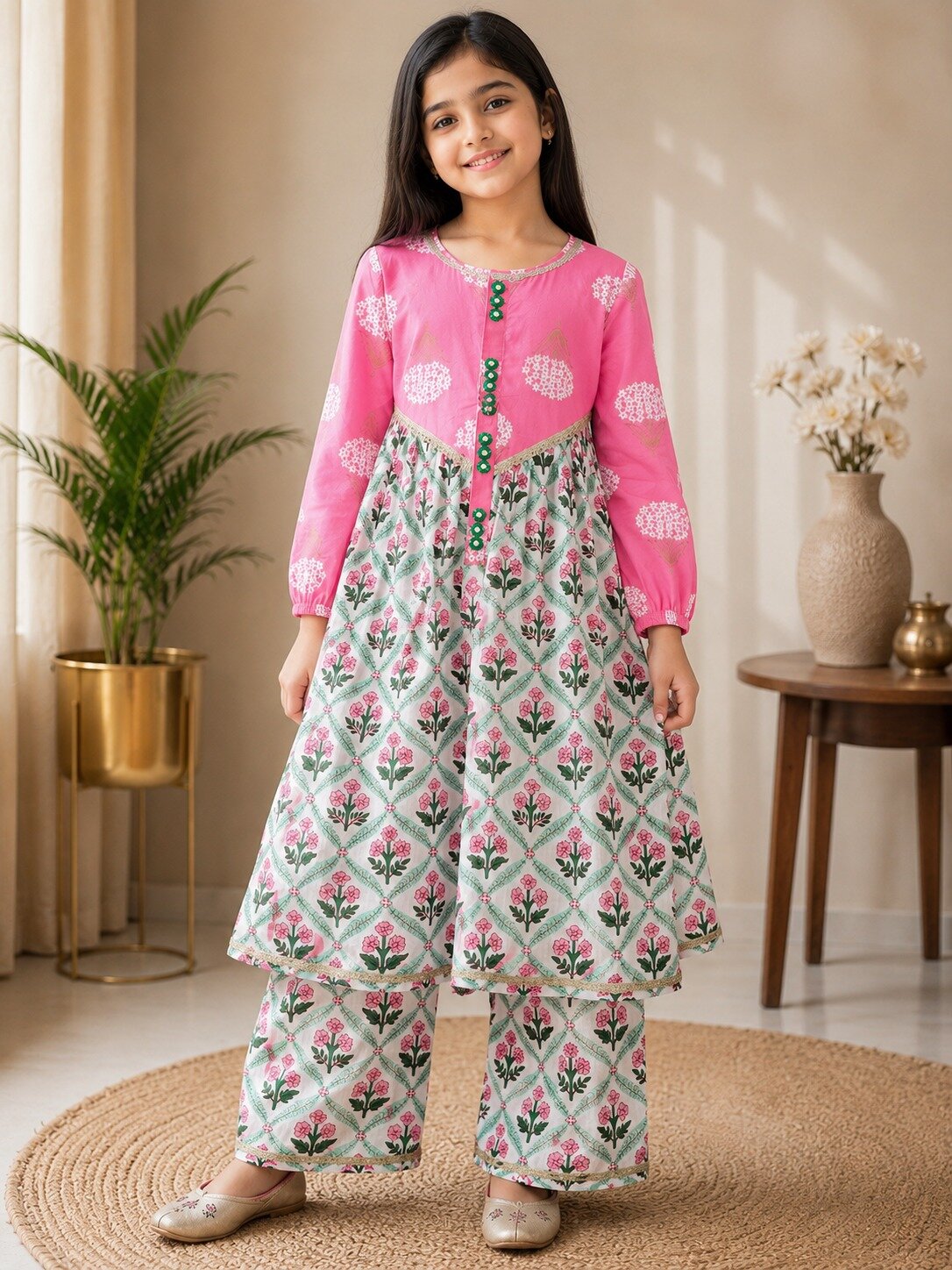 Girls Floral Printed Loose Fit Patch Work Kurta With Pants (KS-OFFWHITEBOOTI)