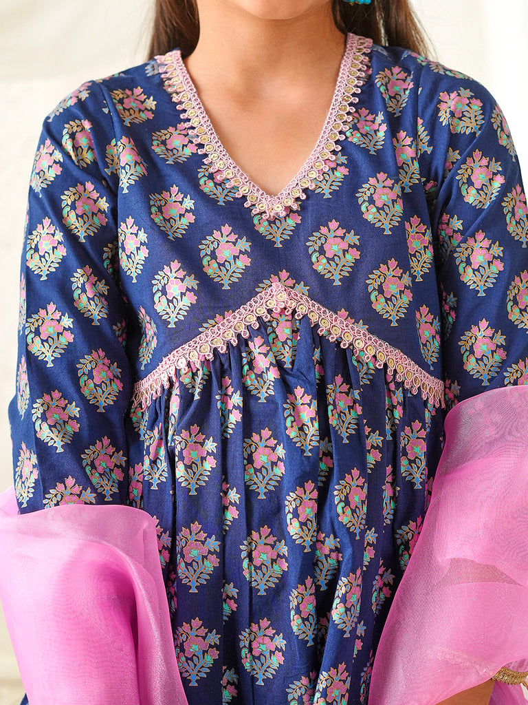 Pspeaches Girls Navy Blue & Pink Ethnic Floral Print Cotton A-Line Kurta & Pant With Dupatta ( Sku-Ks-Pinksunflower )