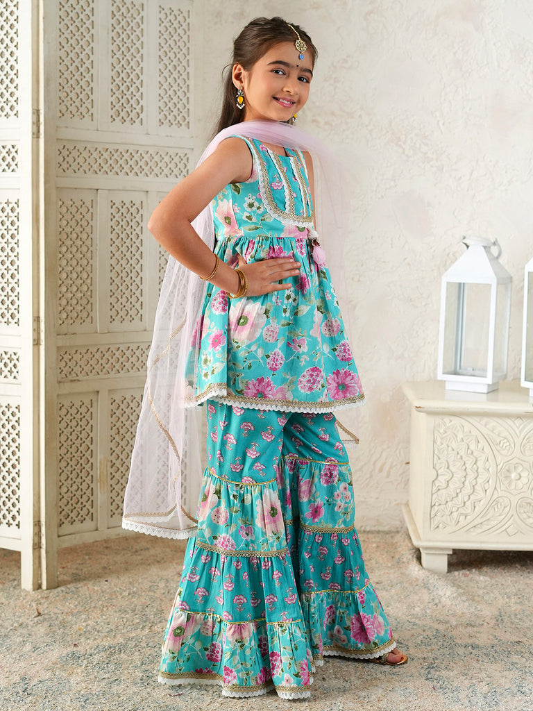 Pspeaches Girls Sky-Blue Ethnic Floral Print Cotton A-Line Kurta & Sharara With Dupatta ( Sku-Sha-Bluecambric )